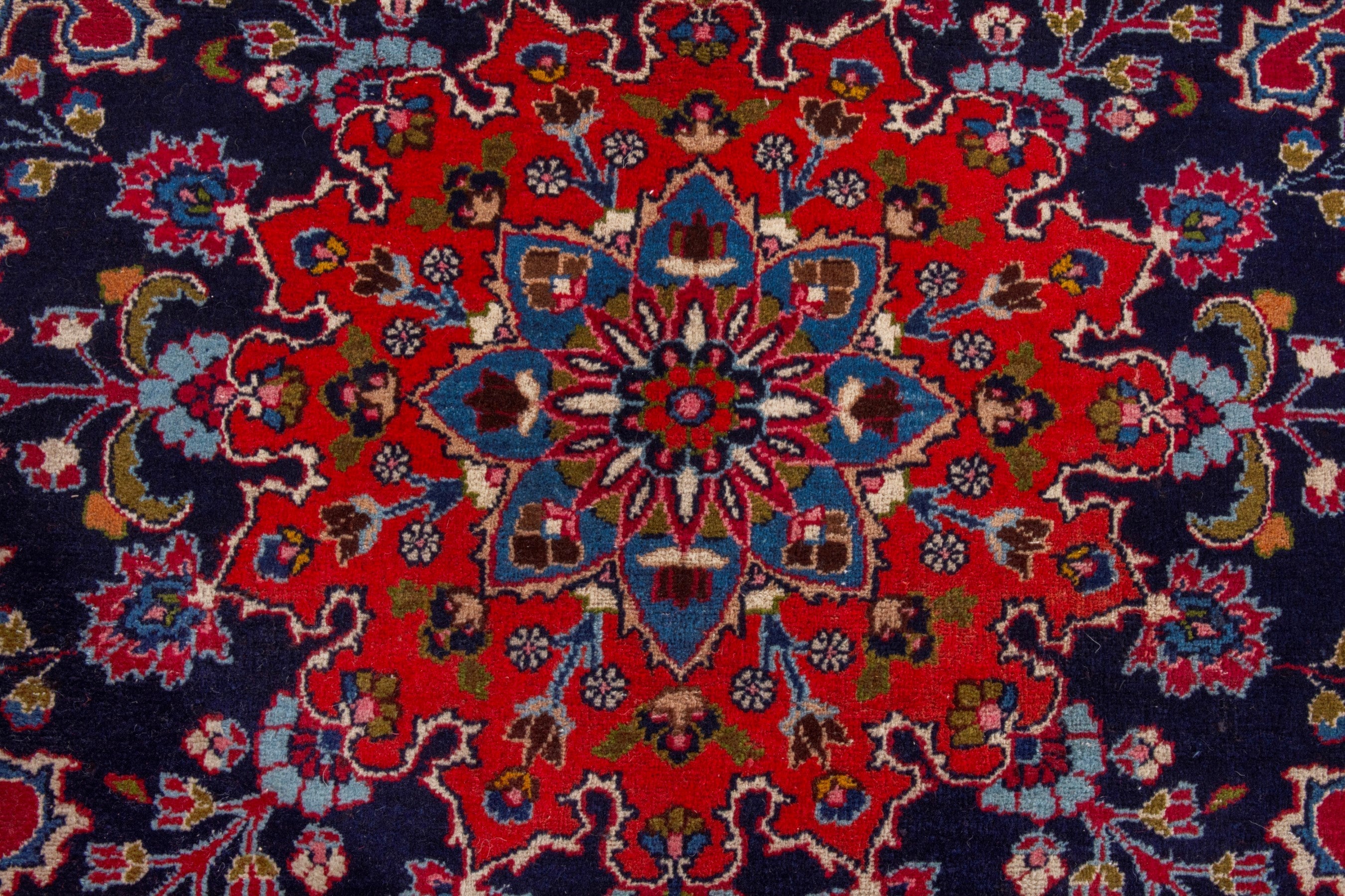 Persian Mashhad oversized rug in deep red and dark blue, view 15 of 22