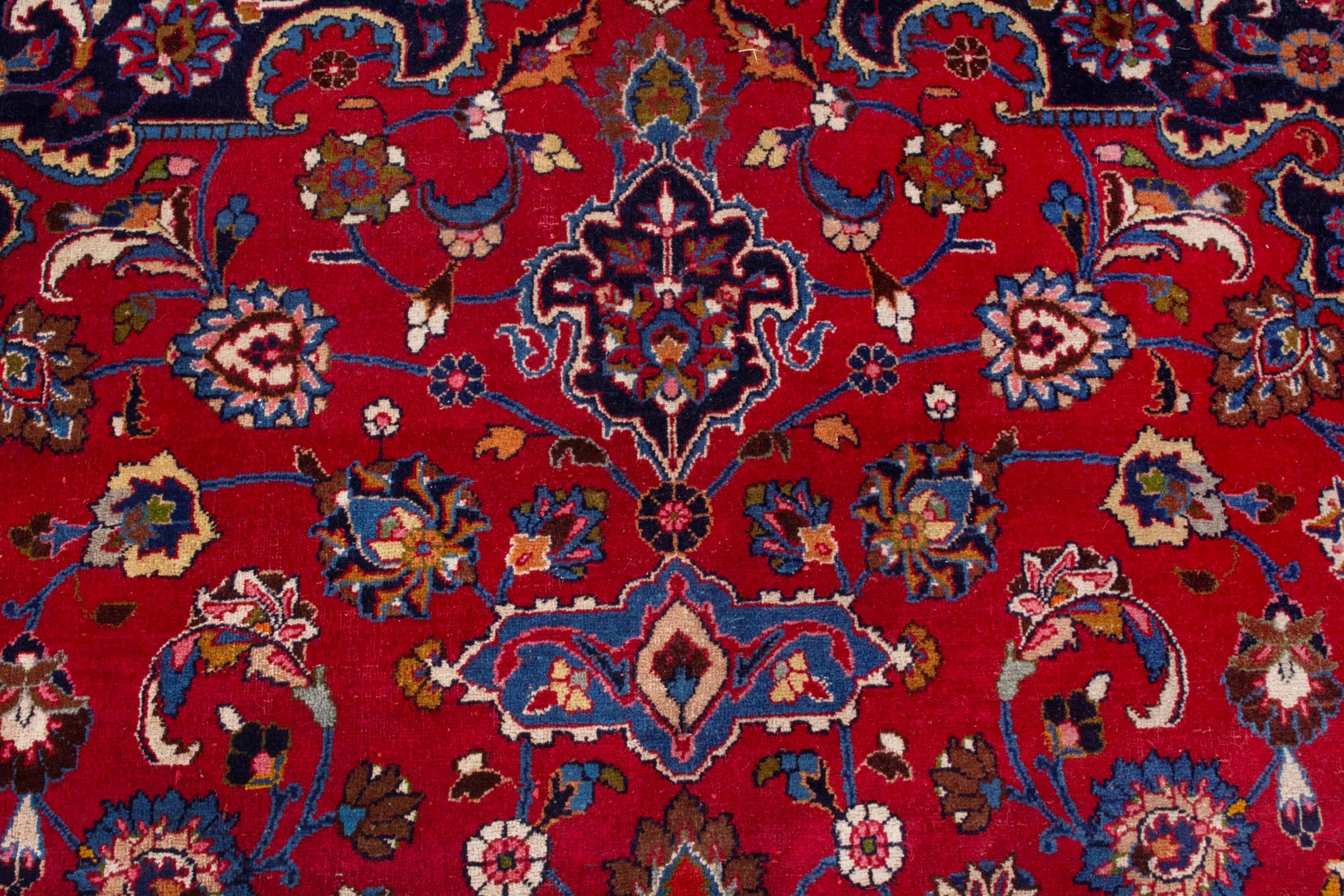Persian Mashhad oversized rug in deep red and dark blue, view 17 of 22