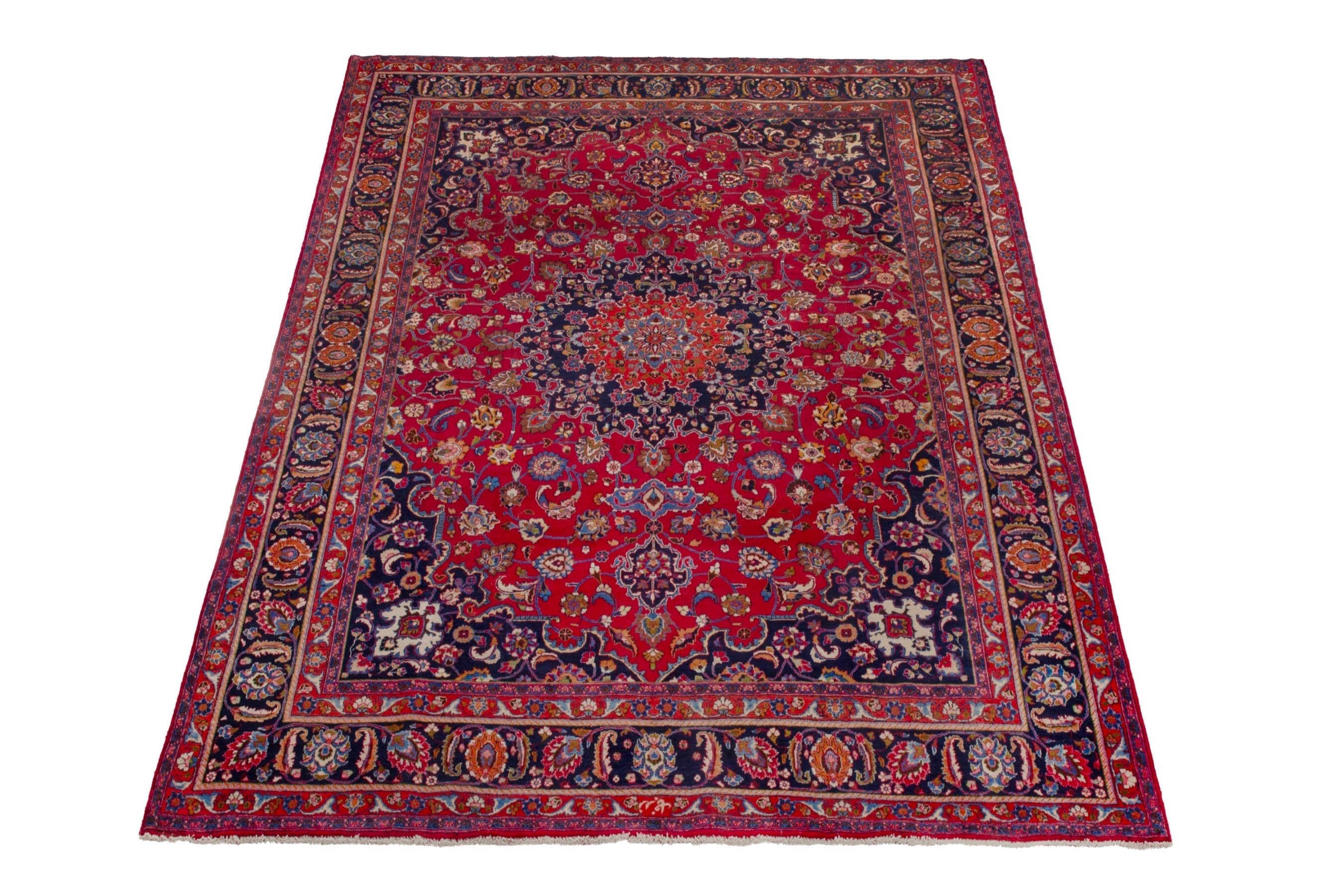Persian Mashhad oversized rug in deep red and dark blue, view 2 of 22