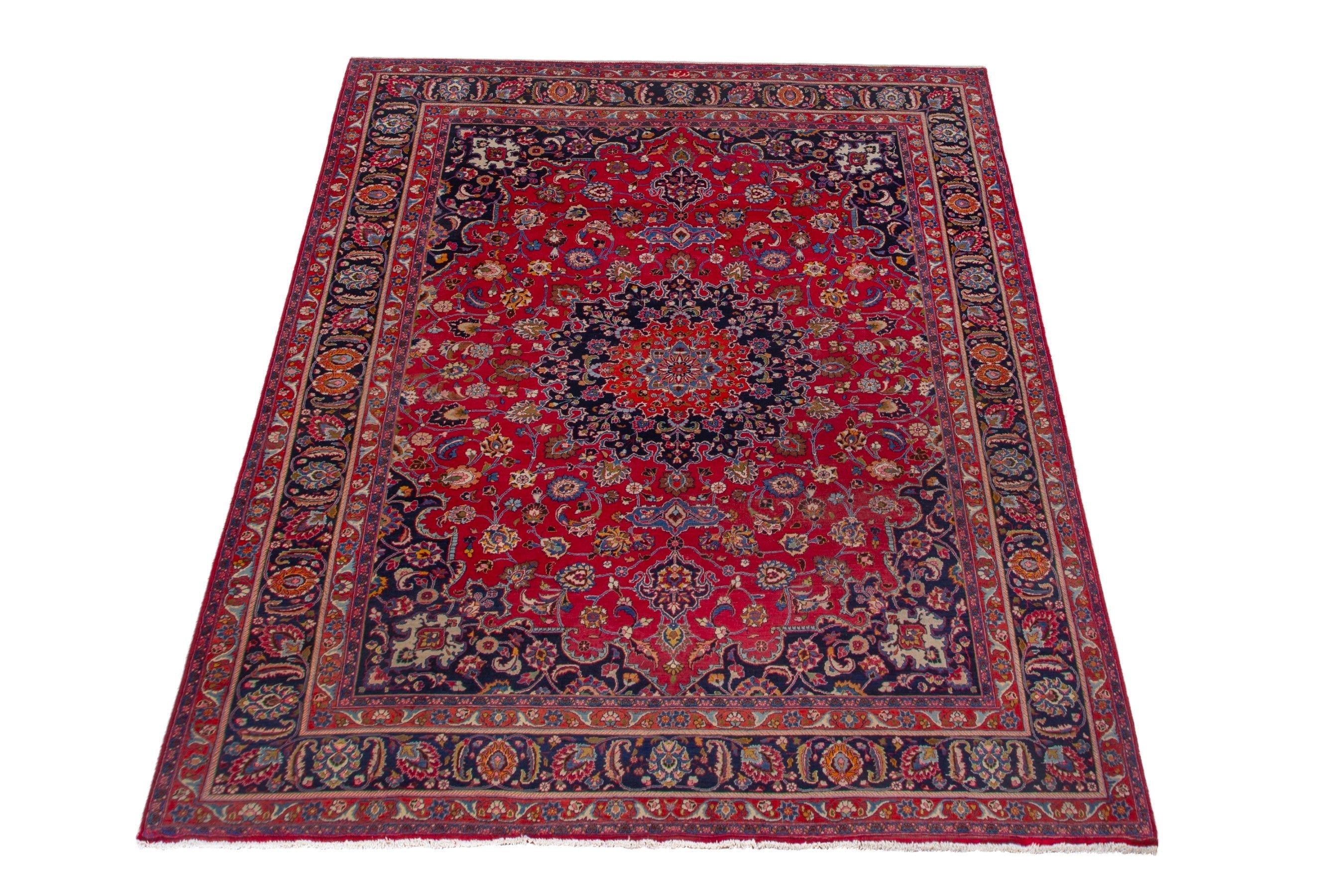 Persian Mashhad oversized rug in deep red and dark blue, view 3 of 22