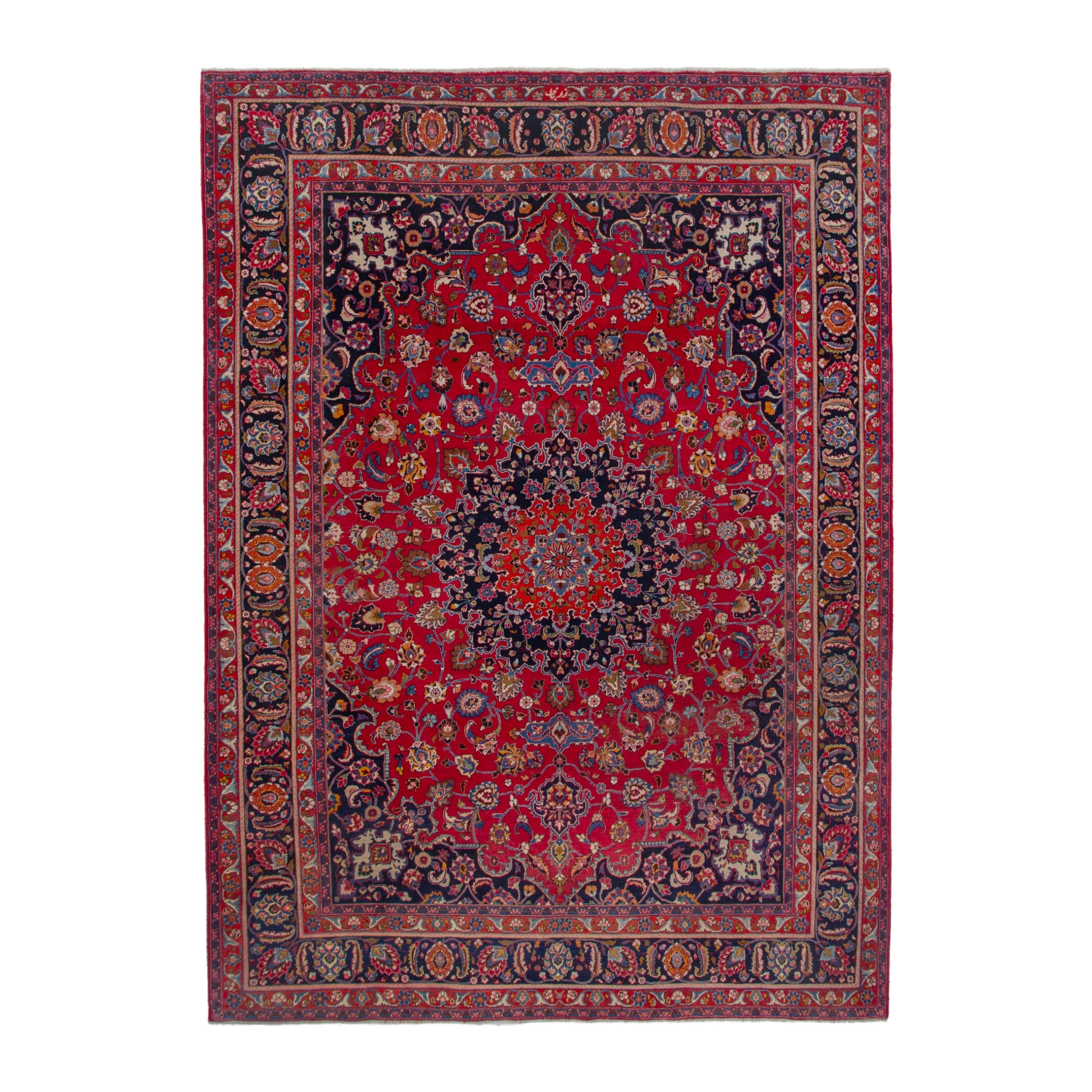 Persian Mashhad oversized rug in deep red and dark blue, 9'10" x 13'3"