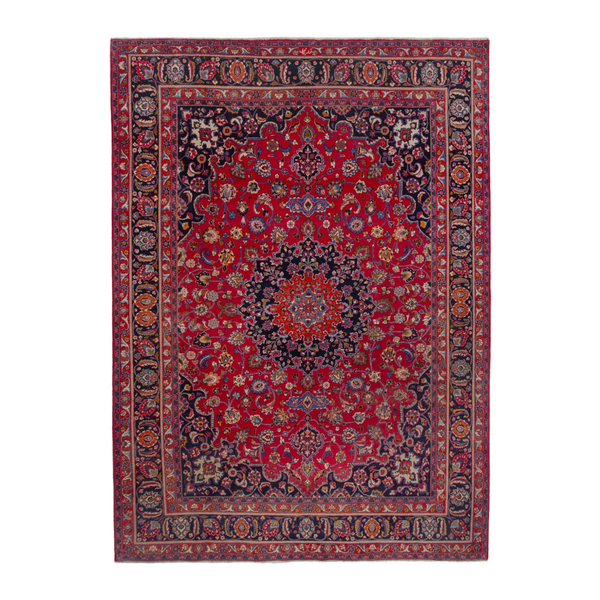 Persian Mashhad oversized rug in deep red and dark blue, 9'10" x 13'3"