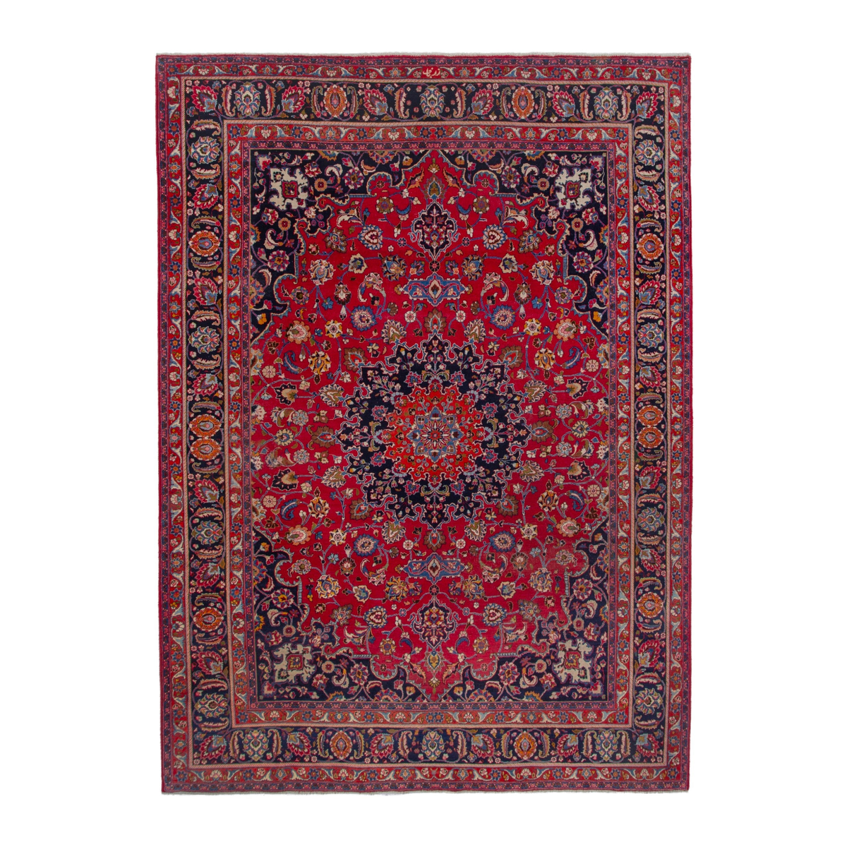 Persian Mashhad oversized rug in deep red and dark blue, 9'10" x 13'3"