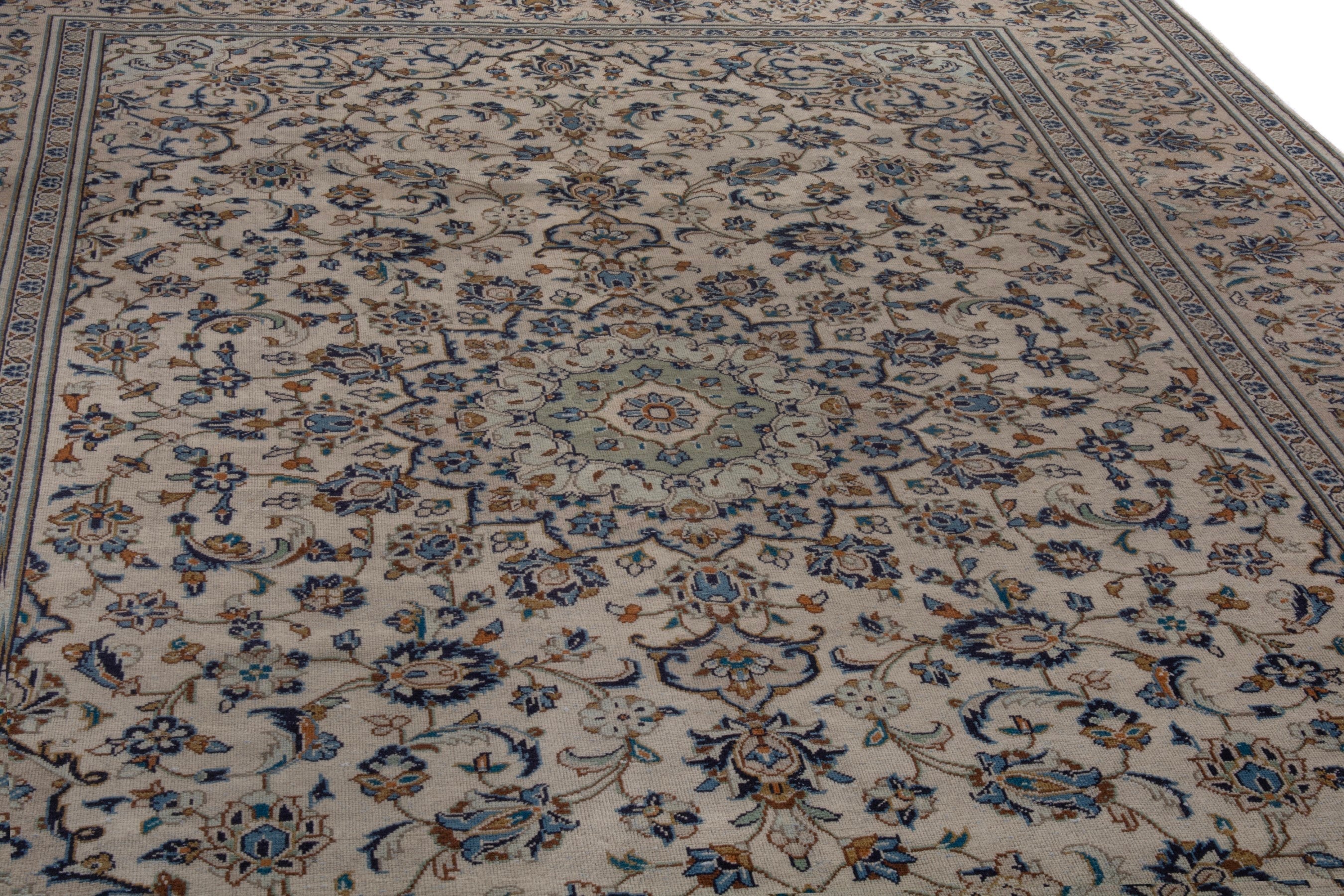 Persian Kashan oversized rug in cream and navy, view 9 of 19