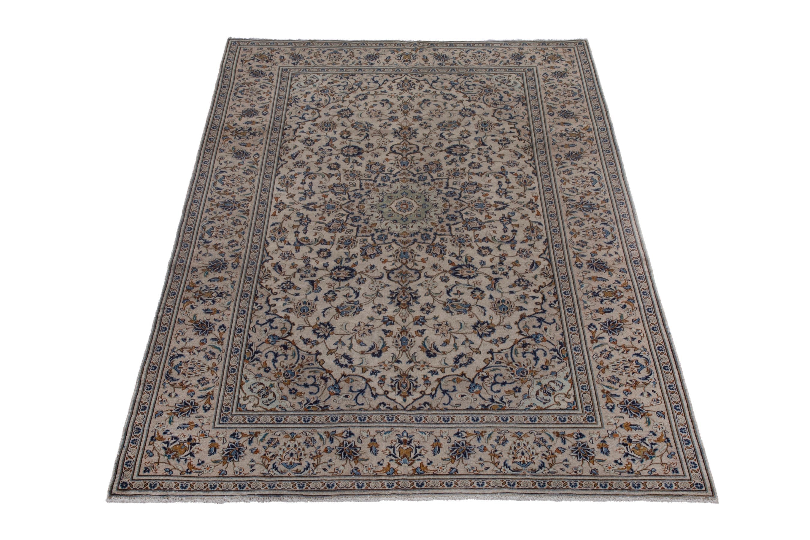 Persian Kashan oversized rug in cream and navy, view 2 of 19
