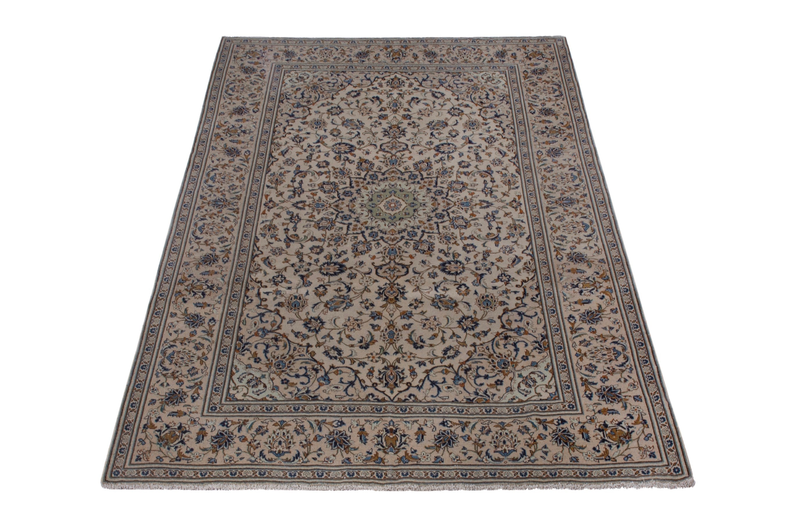 Persian Kashan oversized rug in cream and navy, view 3 of 19