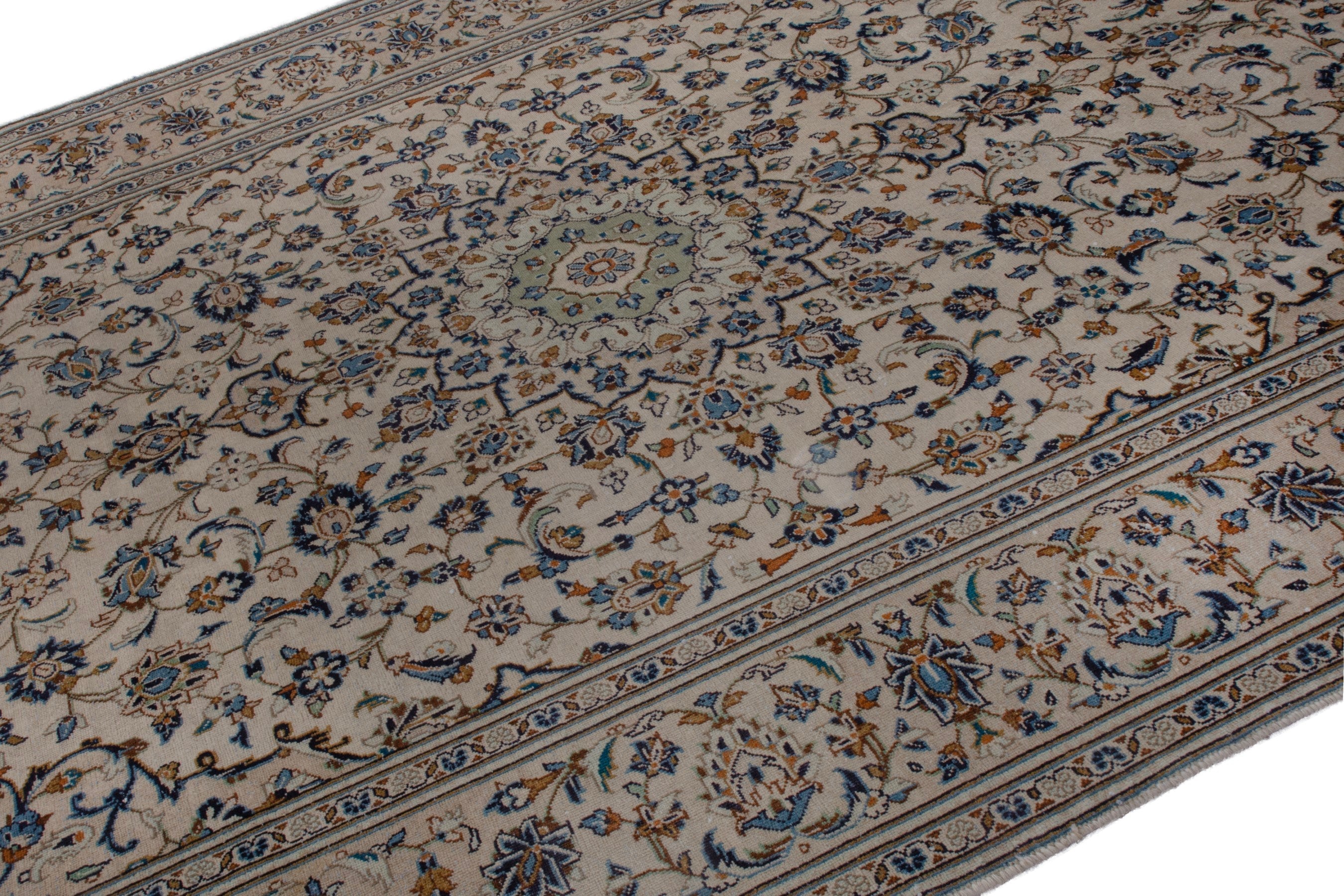 Persian Kashan oversized rug in cream and navy, view 5 of 19