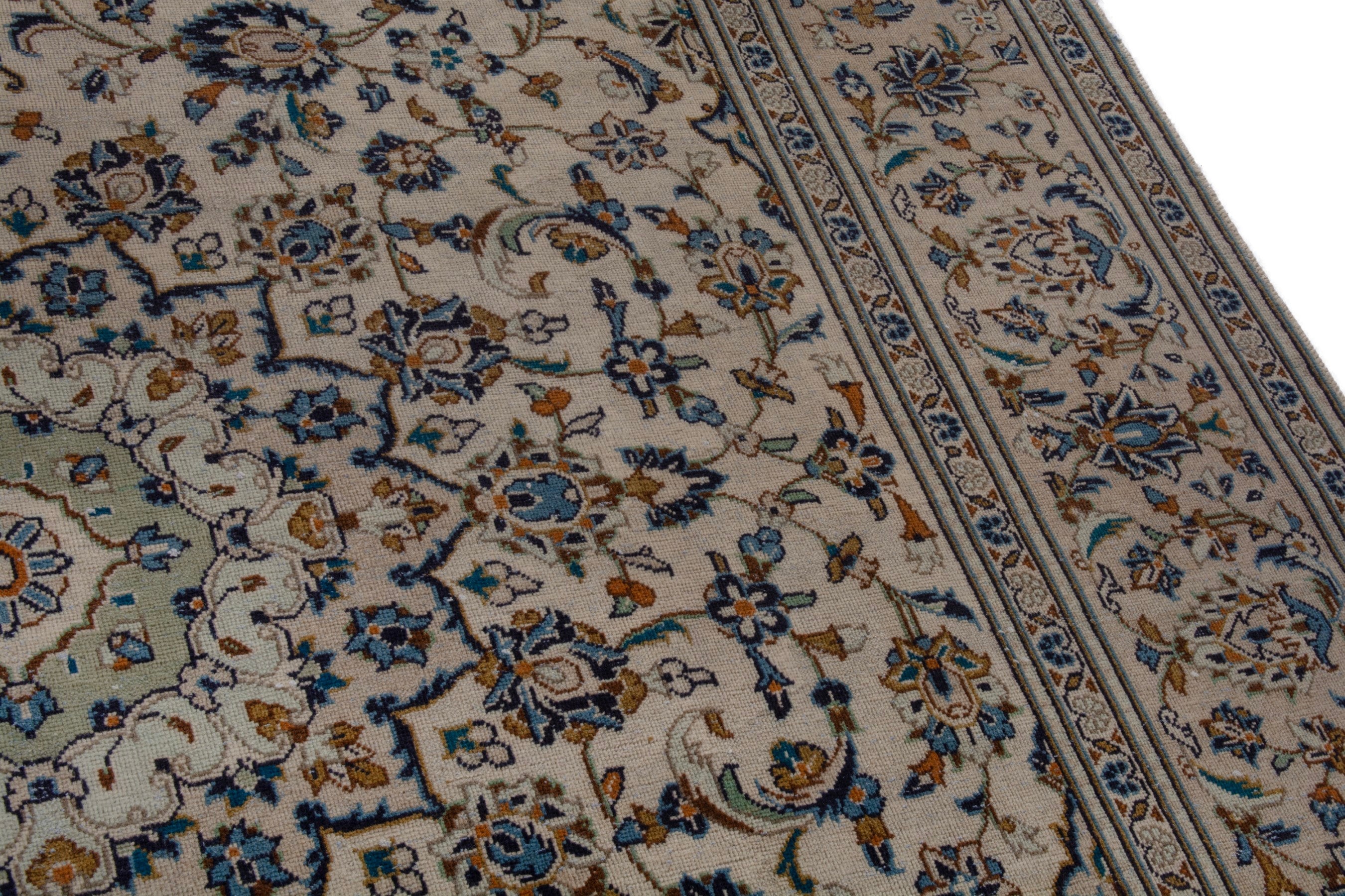 Persian Kashan oversized rug in cream and navy, view 7 of 19