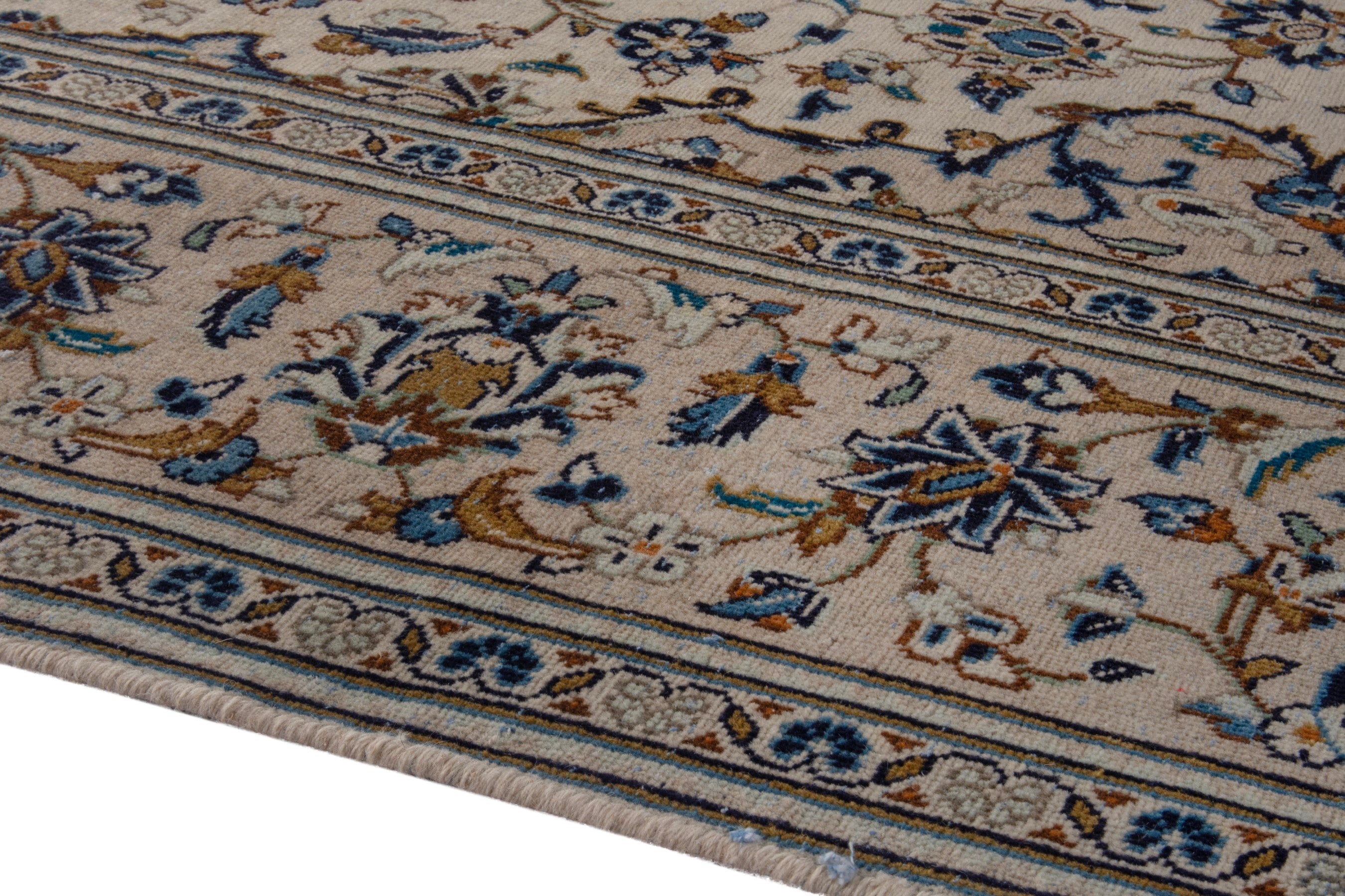 Persian Kashan oversized rug in cream and navy, view 6 of 19