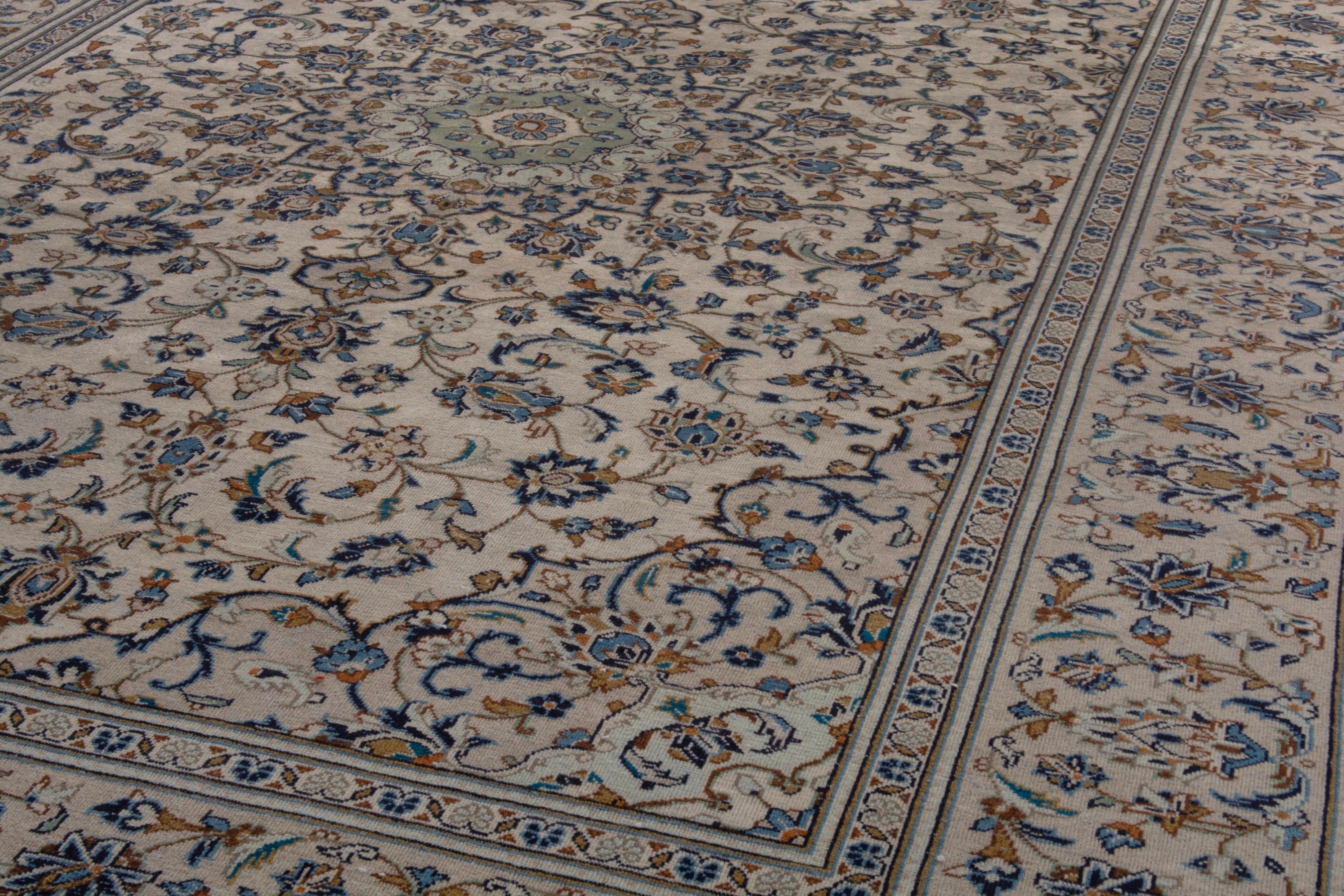 Persian Kashan oversized rug in cream and navy, view 8 of 19