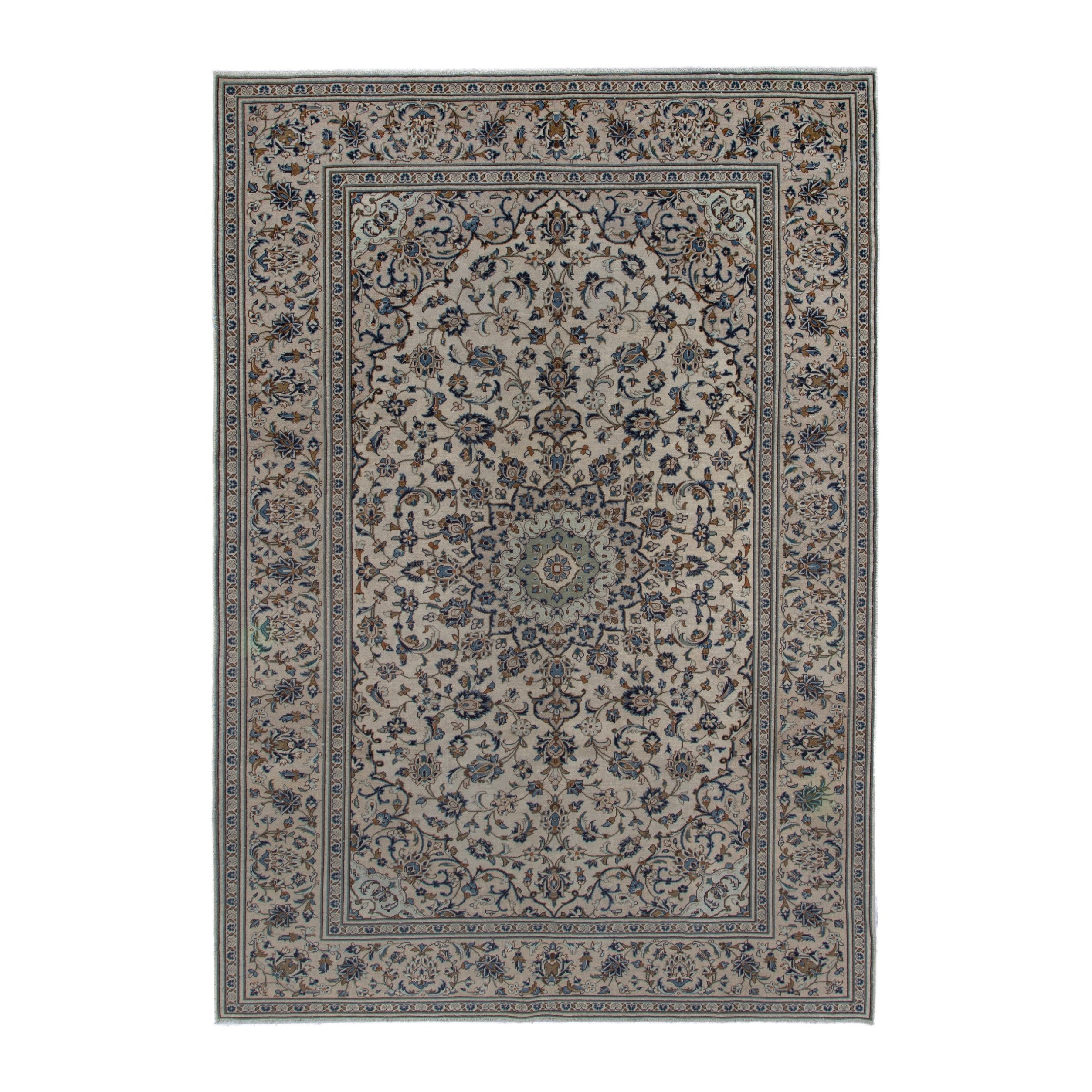 Persian Kashan oversized rug in cream and navy, 7'11" x 11'9"