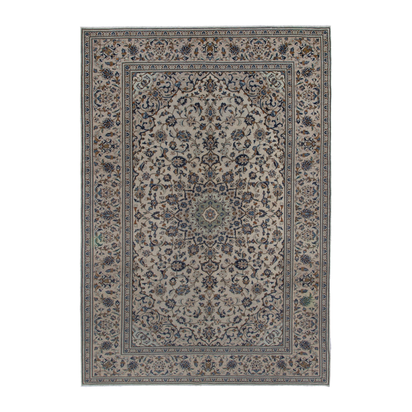 Persian Kashan oversized rug in cream and navy, 7'11" x 11'9"