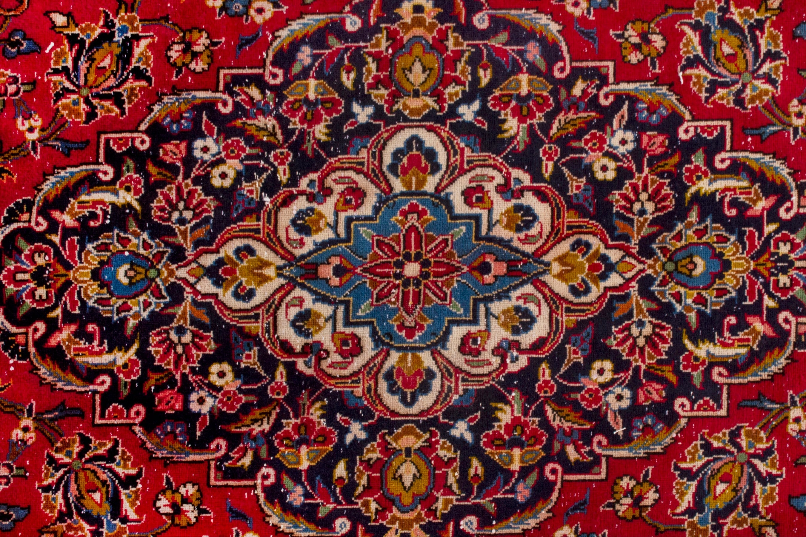 Persian Kashan oversized rug in deep red and navy, view 17 of 23