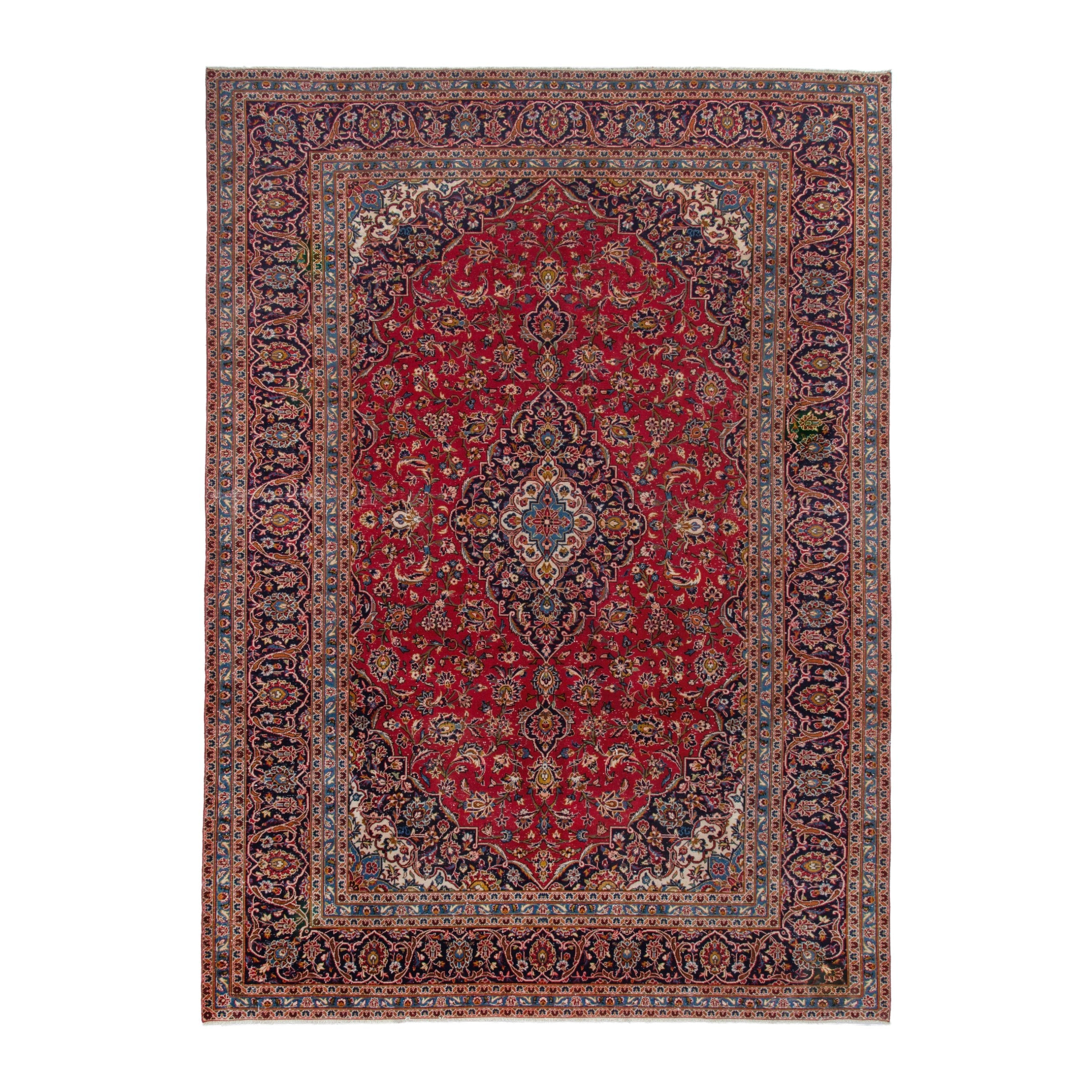 Persian Kashan oversized rug in deep red and navy, 9'3" x 13'1"