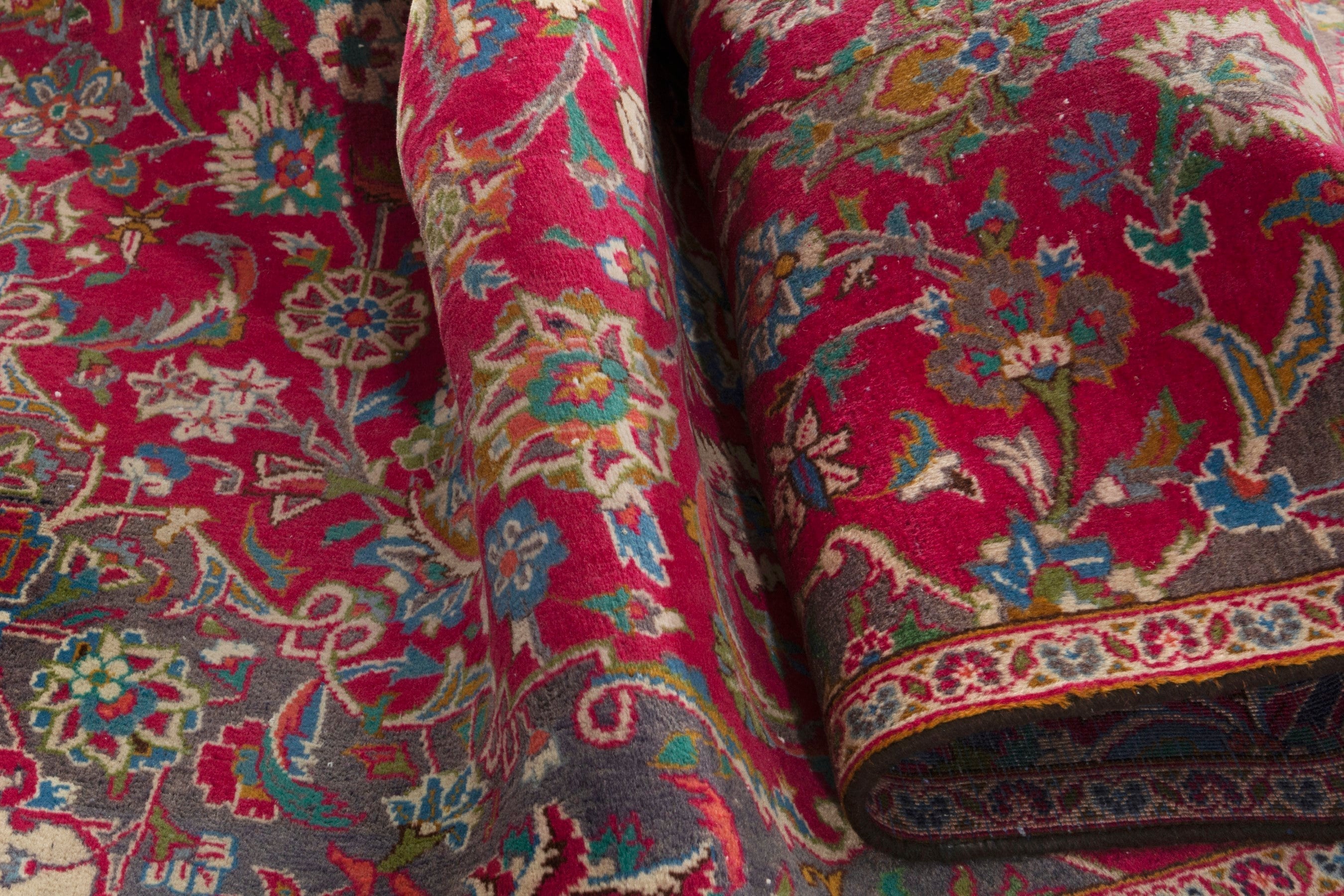 Persian Kashmar area rug in burgundy and antique gold, view 15 of 18
