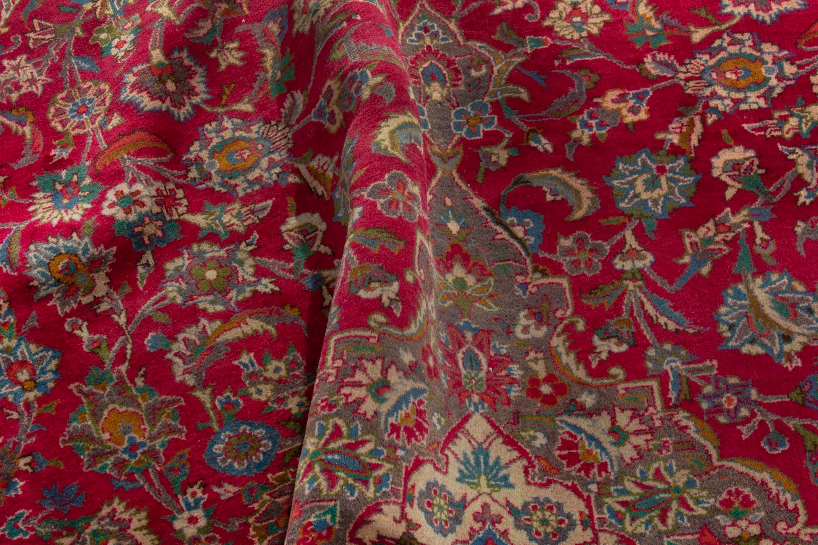 Persian Kashmar area rug in burgundy and antique gold, view 17 of 18