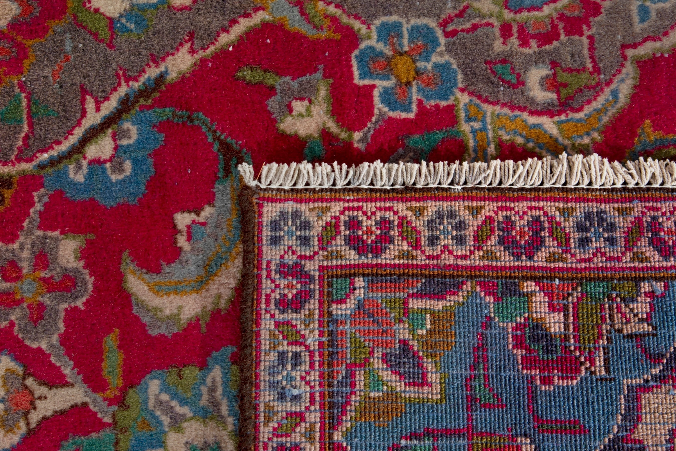 Persian Kashmar area rug in burgundy and antique gold, view 18 of 18