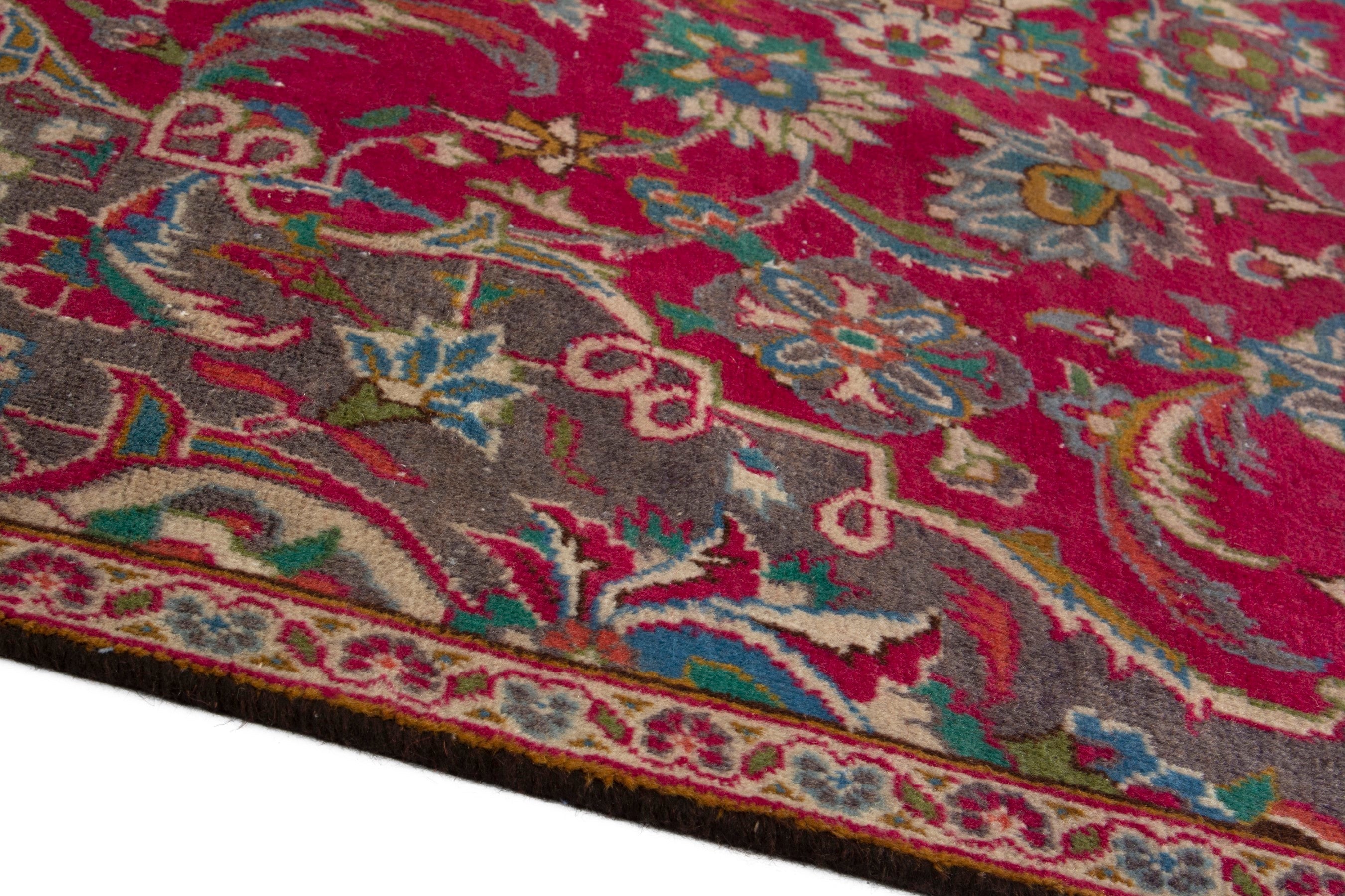 Persian Kashmar area rug in burgundy and antique gold, view 6 of 18