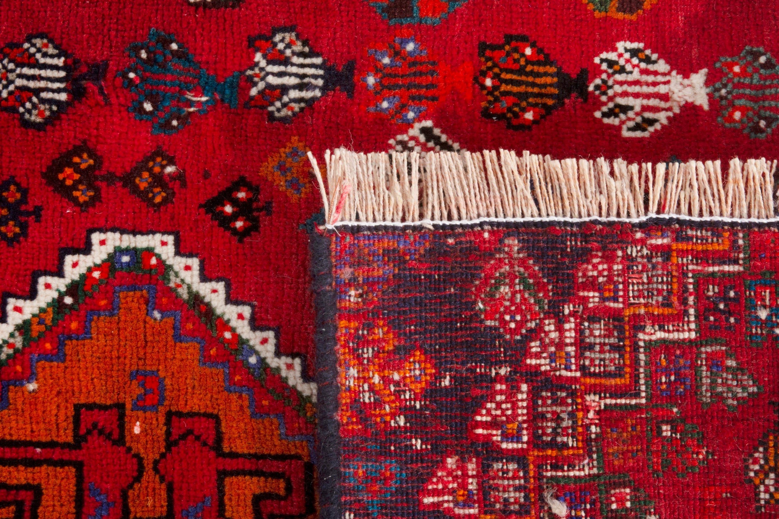 Persian Shiraz accent rug in deep red and denim, view 12 of 12