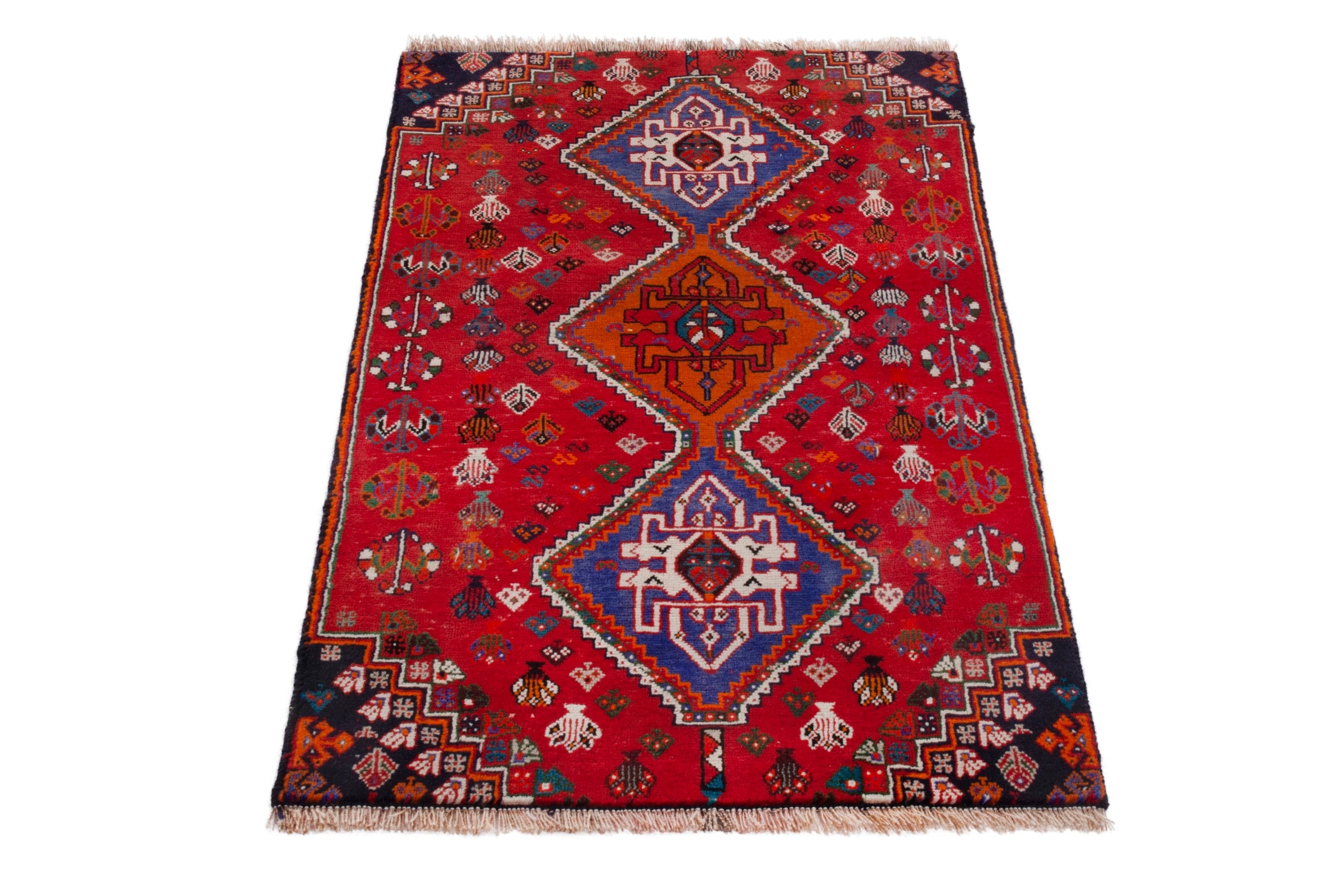 Persian Shiraz accent rug in deep red and denim, view 2 of 12