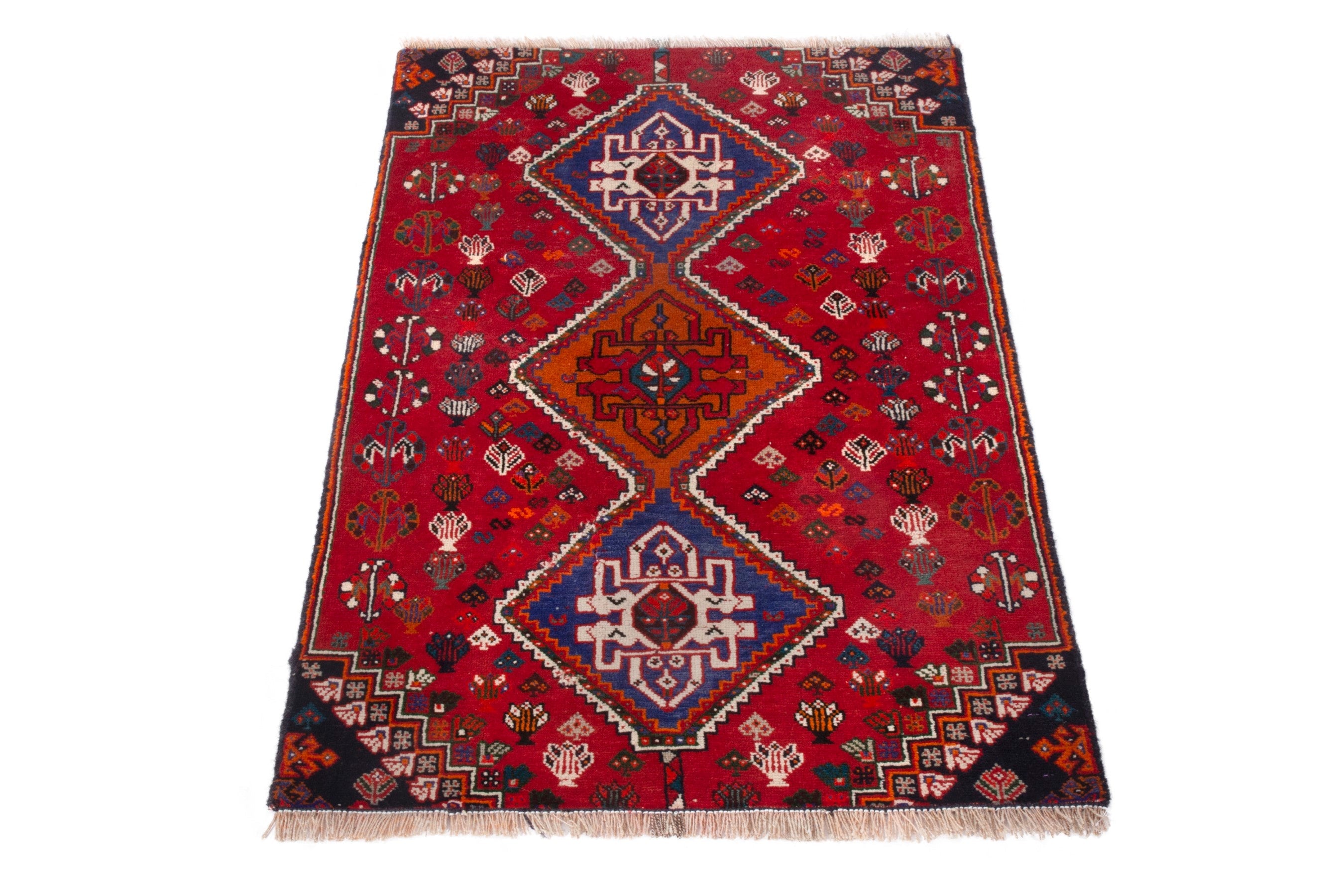 Persian Shiraz accent rug in deep red and denim, view 3 of 12