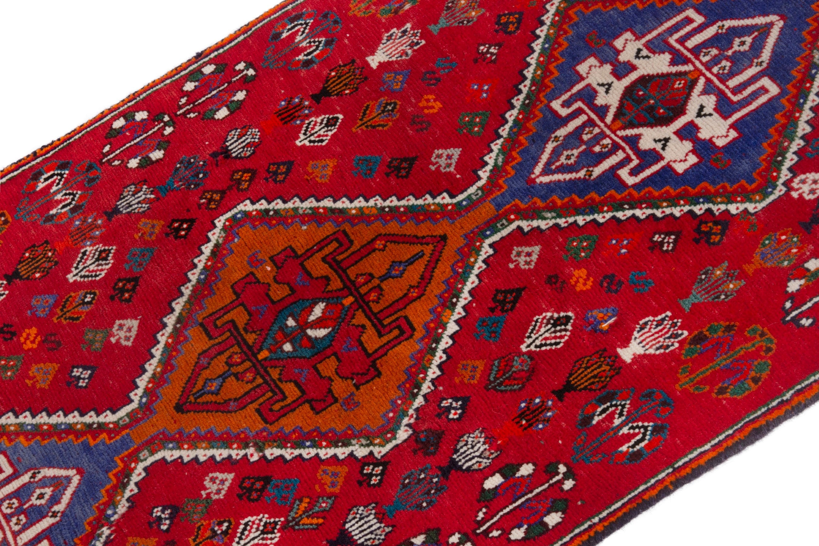 Persian Shiraz accent rug in deep red and denim, view 4 of 12