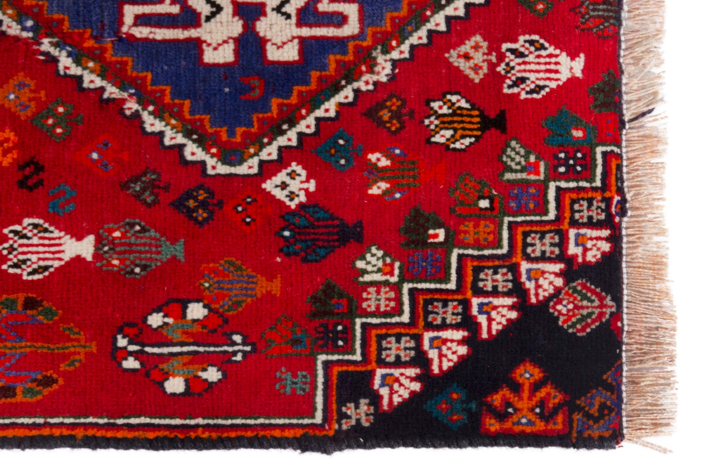 Persian Shiraz accent rug in deep red and denim, view 5 of 12