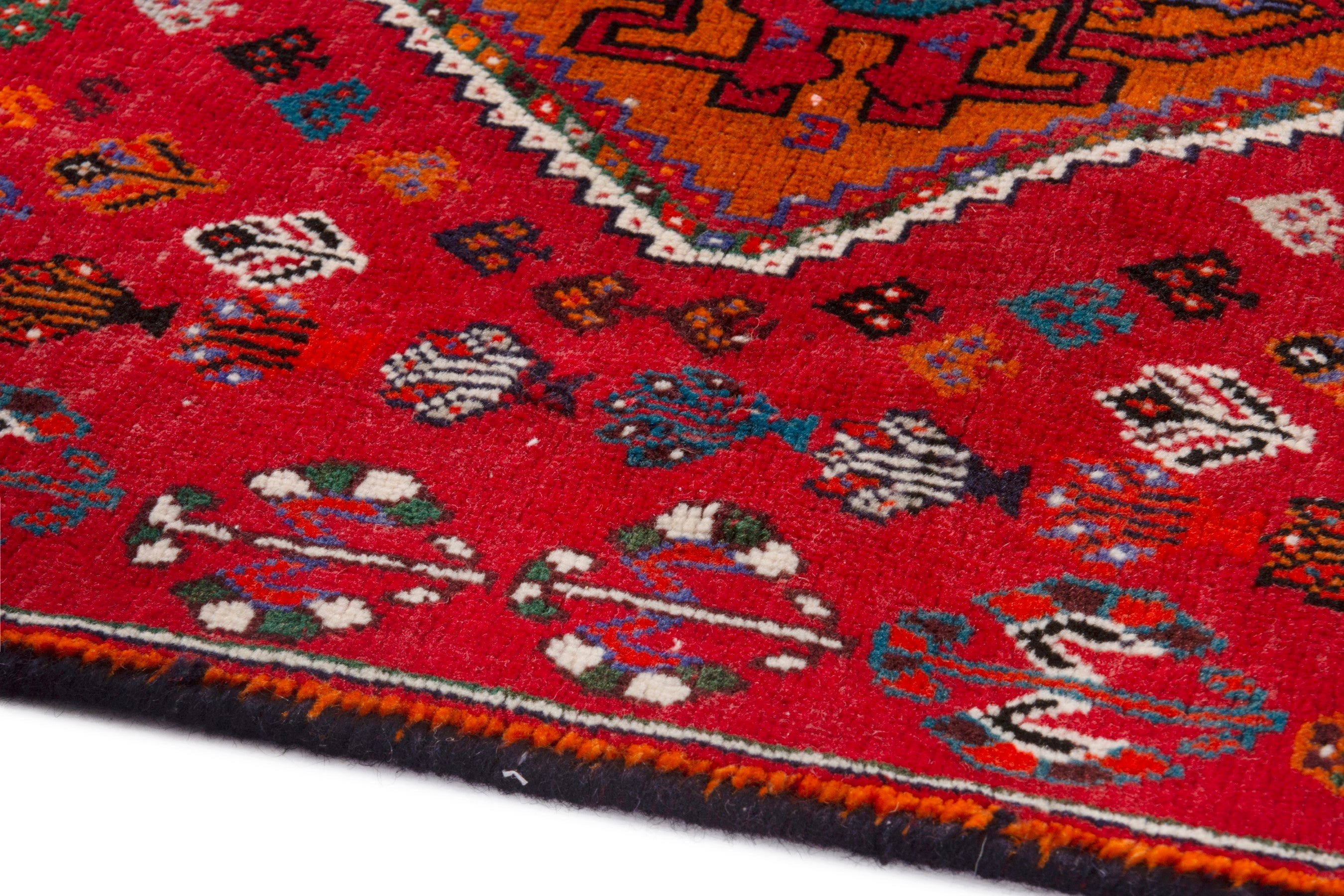 Persian Shiraz accent rug in deep red and denim, view 8 of 12