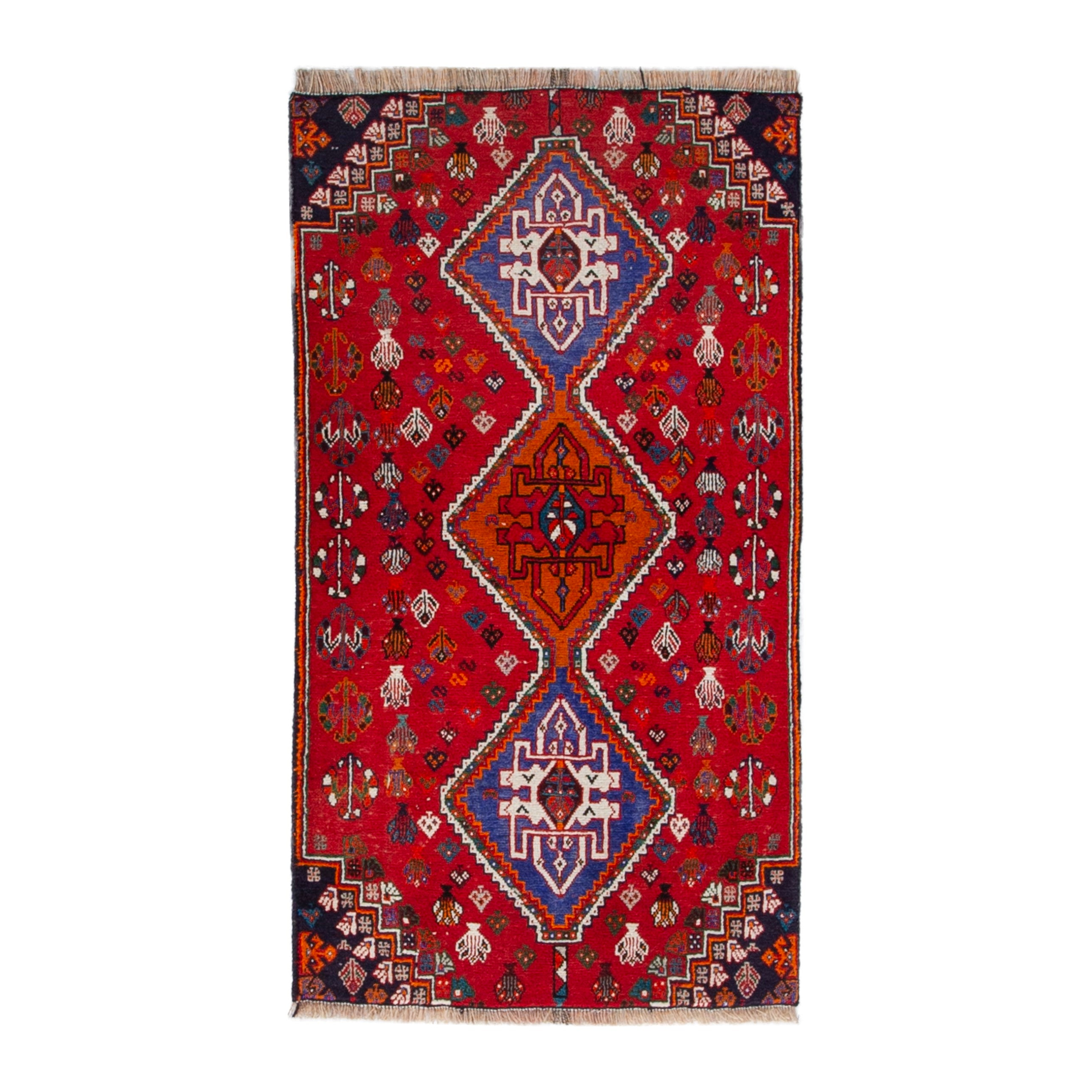 Persian Shiraz accent rug in deep red and denim, 2'3" x 4'