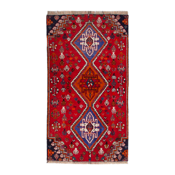 Persian Shiraz accent rug in deep red and denim, 2'3" x 4'