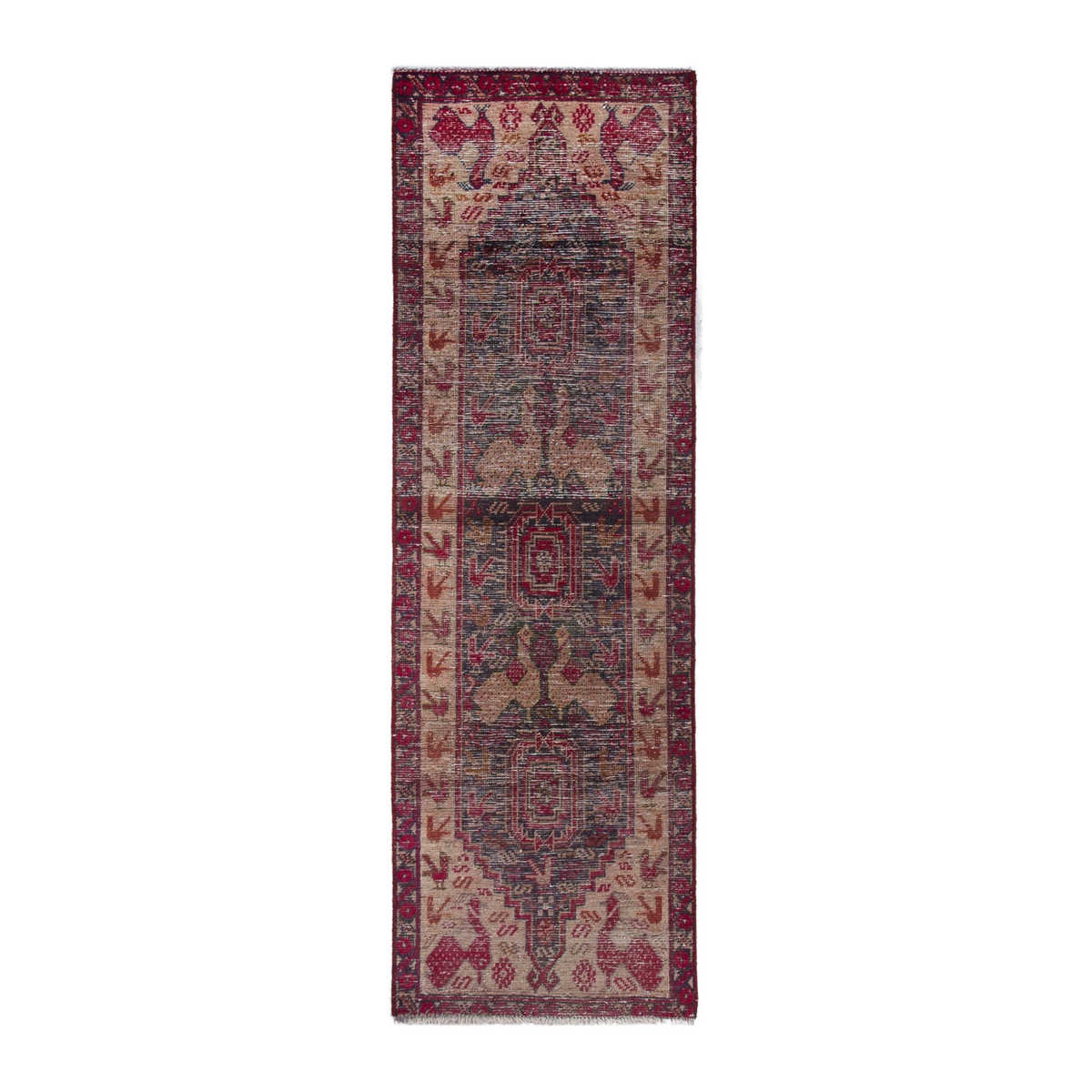 Persian Baluch rug in dark blue and burgundy, 2' x 6'4"