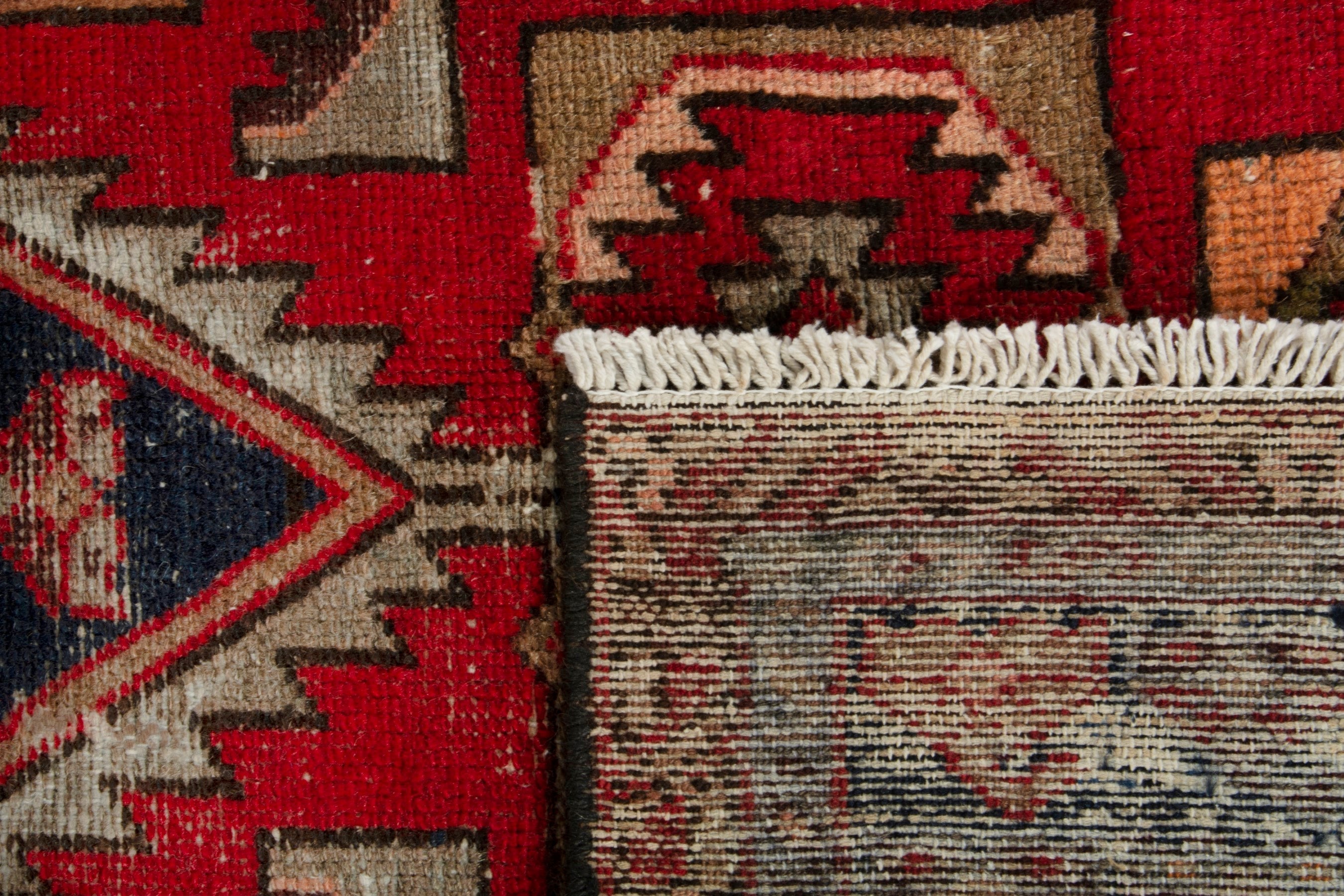 Persian Saveh accent rug in deep red and navy, view 17 of 17
