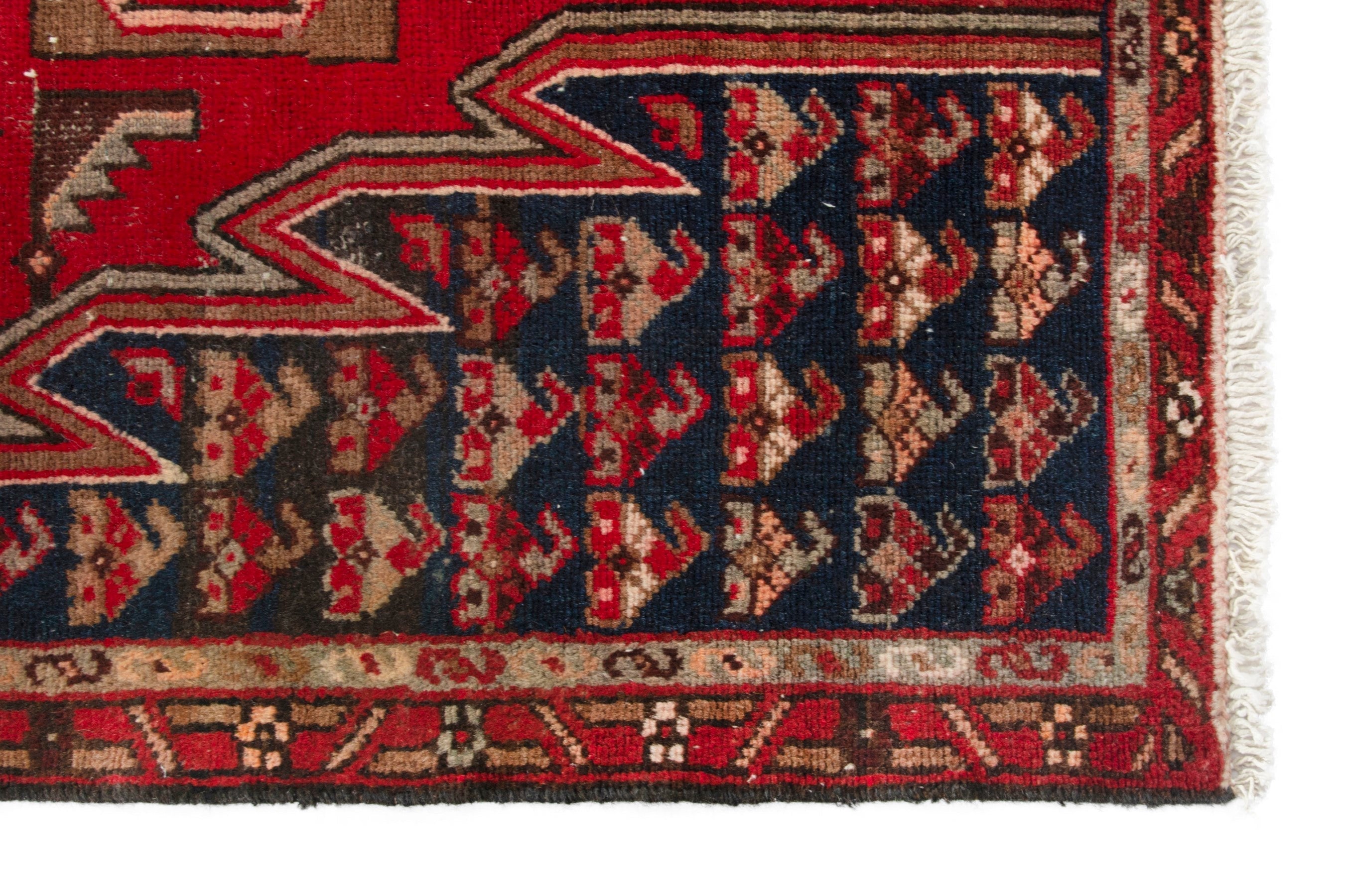 Persian Saveh accent rug in deep red and navy, view 9 of 17