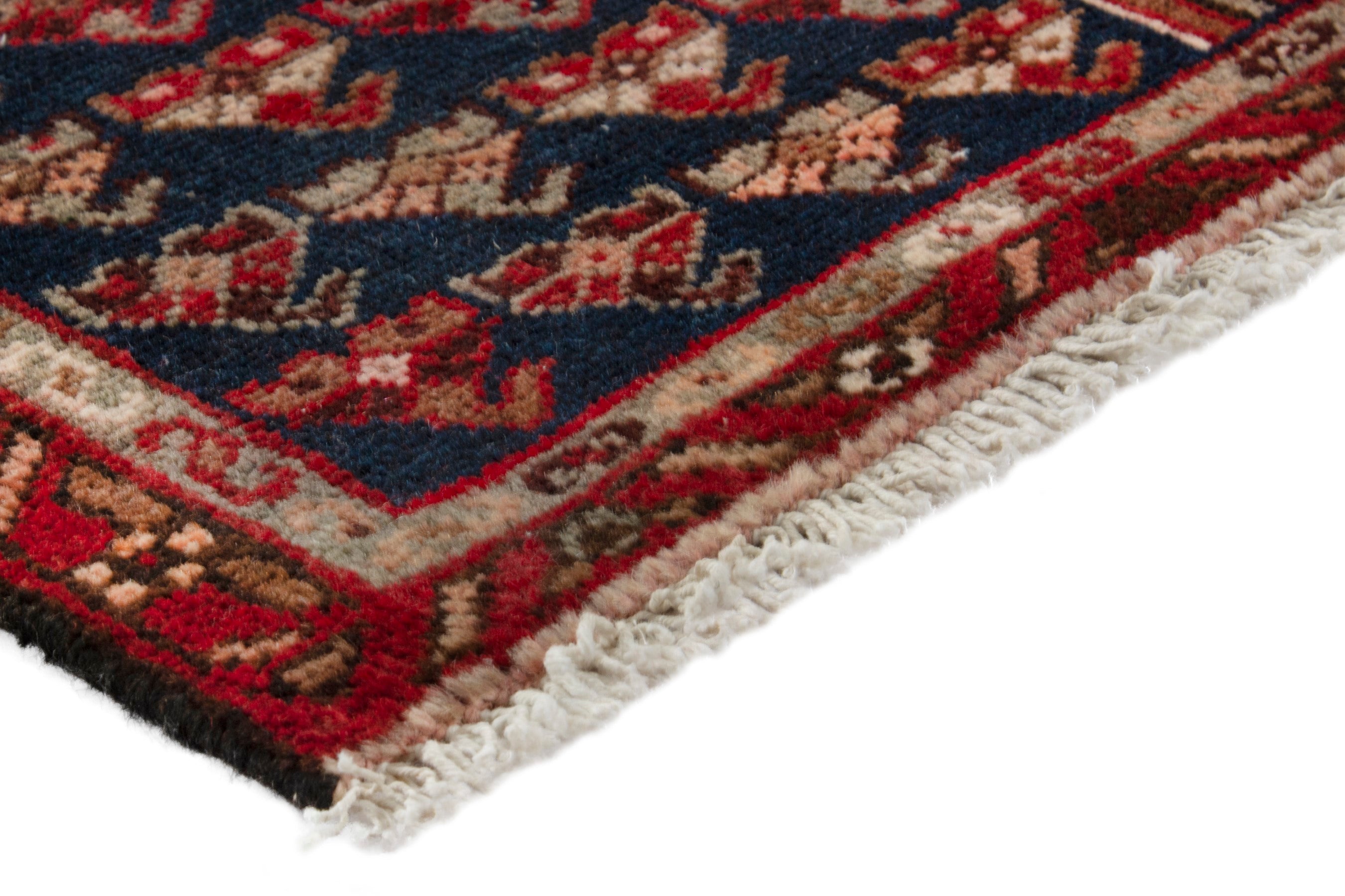 Persian Saveh accent rug in deep red and navy, view 4 of 17