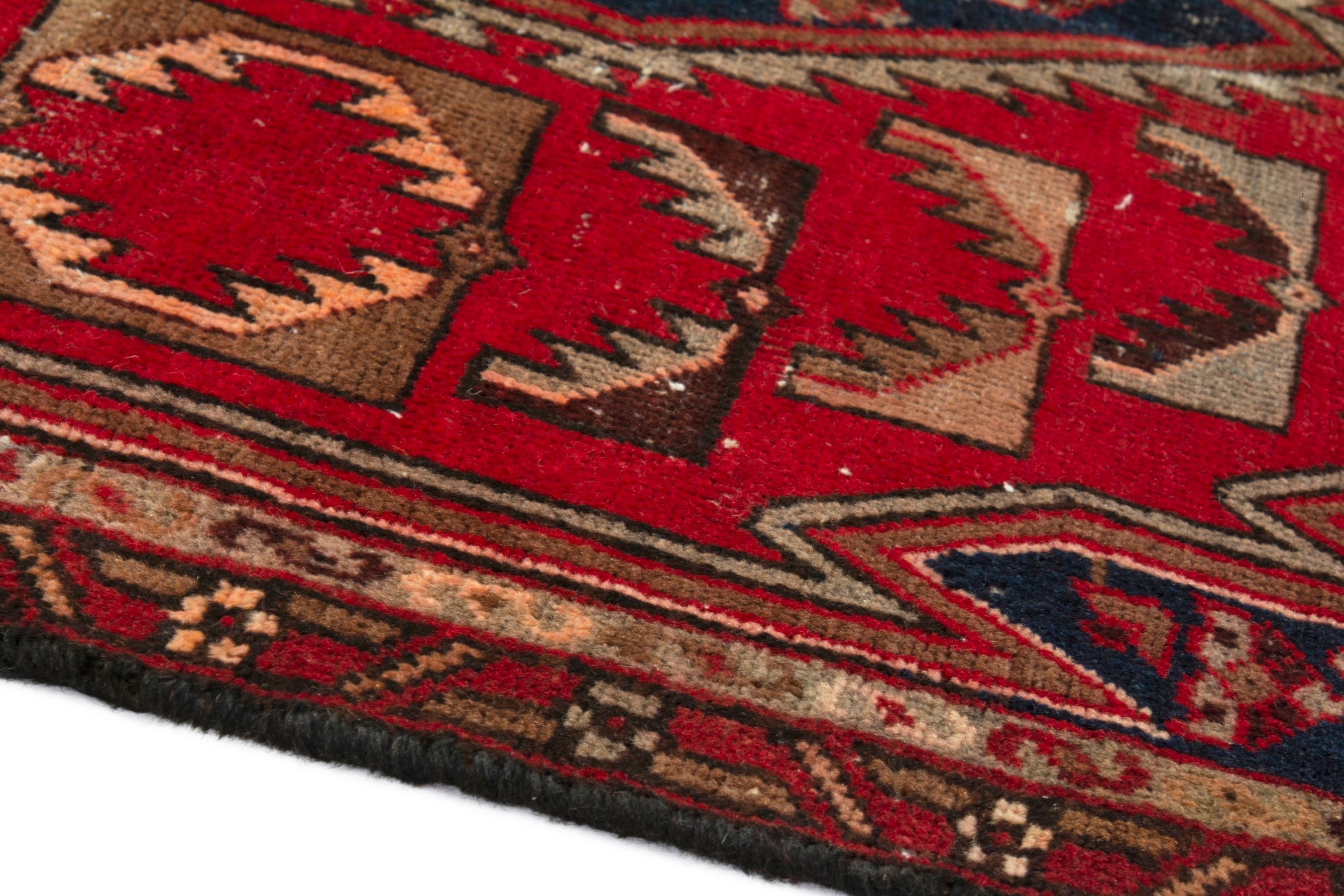 Persian Saveh accent rug in deep red and navy, view 5 of 17