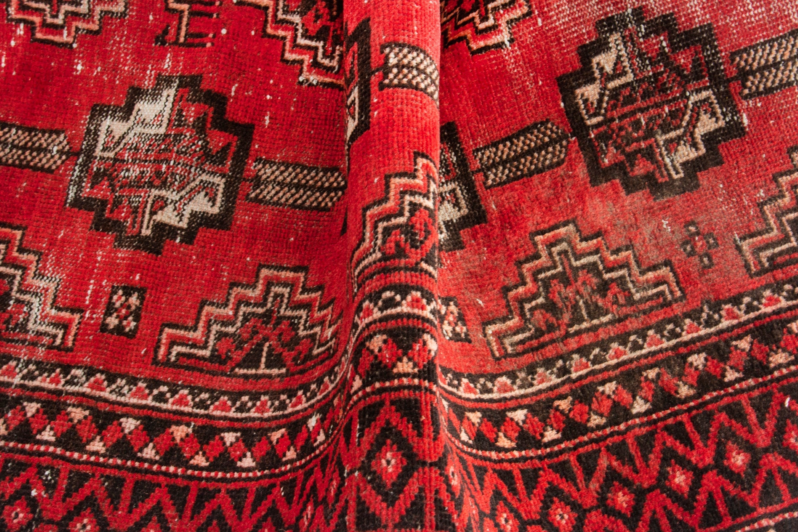 Persian Baluch accent rug in deep red and burgundy, view 14 of 17