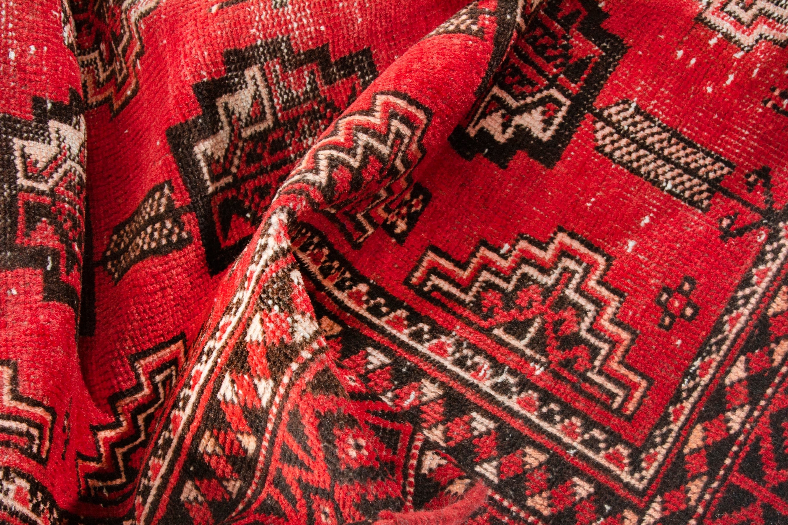 Persian Baluch accent rug in deep red and burgundy, view 16 of 17