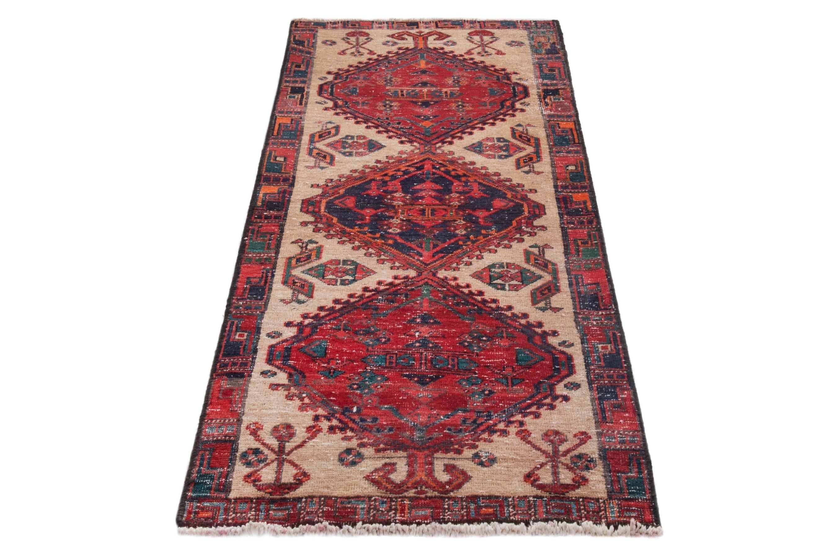 Persian Ardabil runner rug in cream and deep red, view 2 of 18