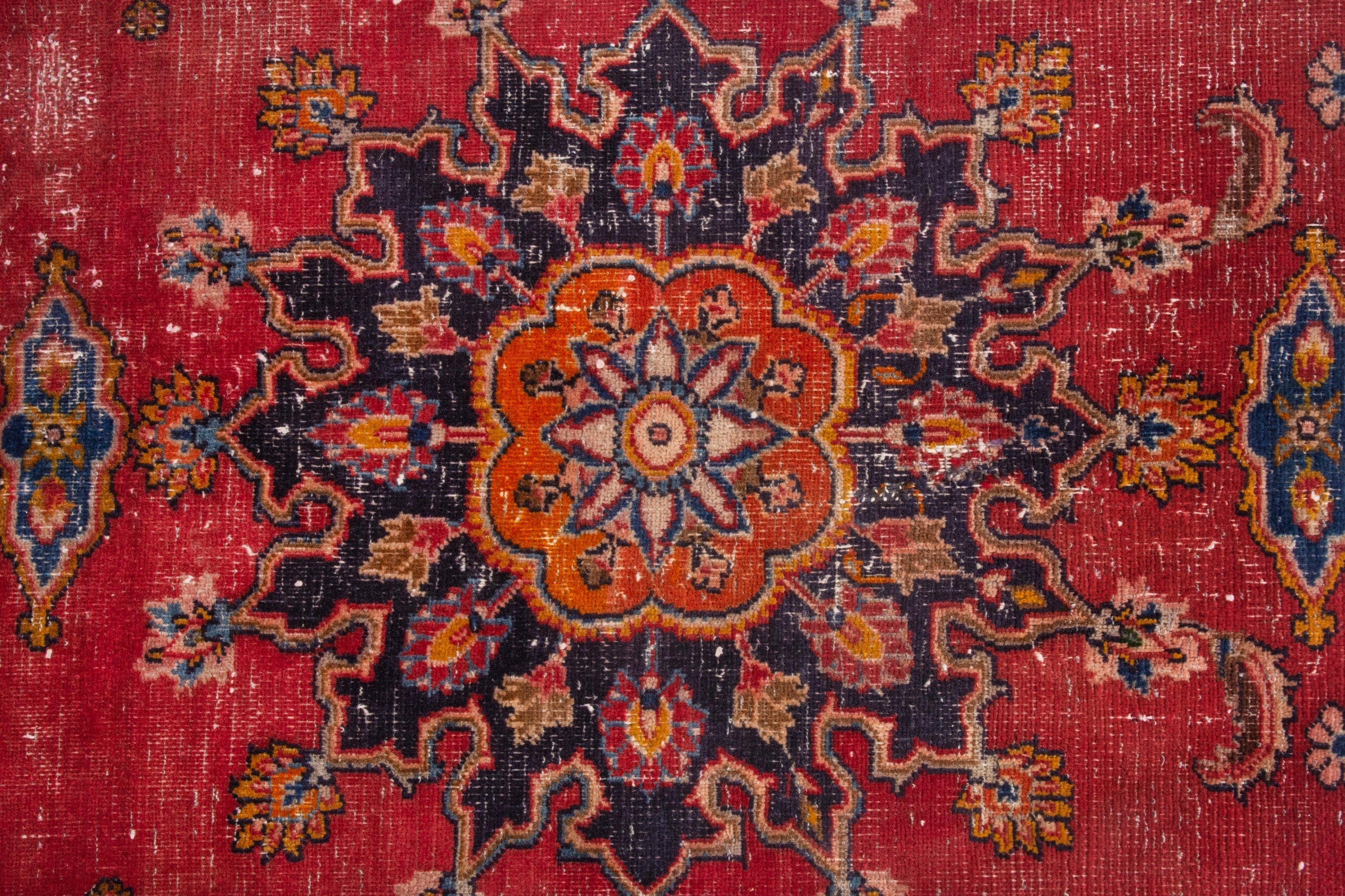 Persian Mashhad rug in deep red and dark blue, view 14 of 18