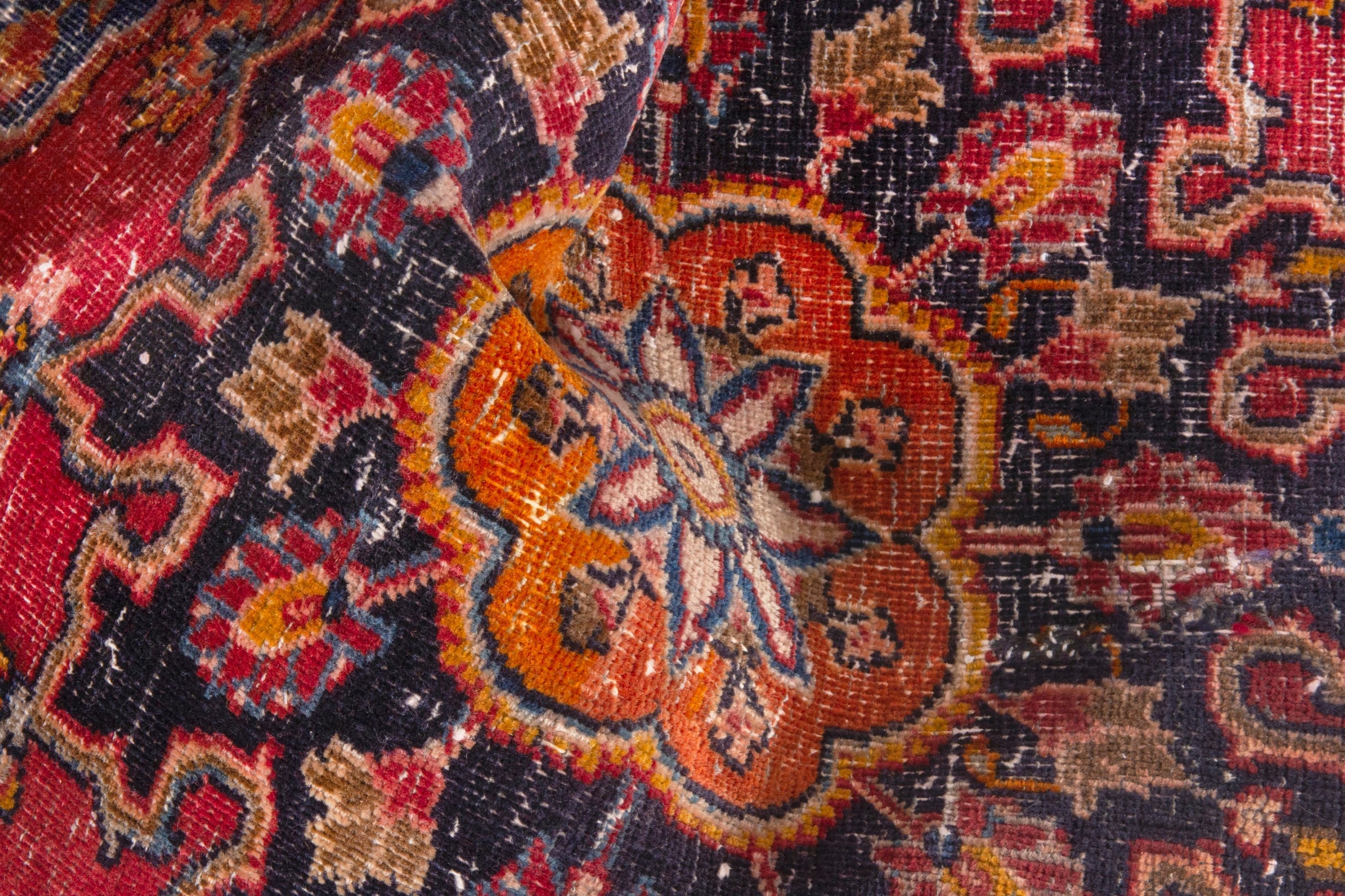 Persian Mashhad rug in deep red and dark blue, view 16 of 18