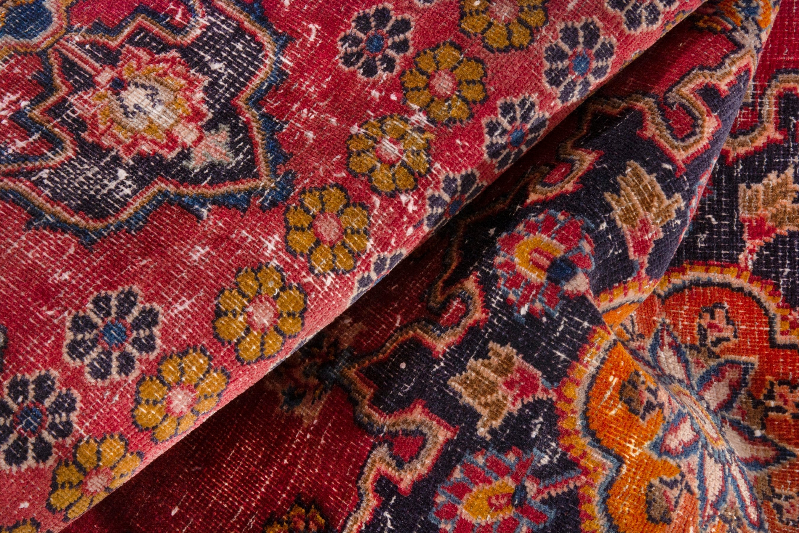 Persian Mashhad rug in deep red and dark blue, view 17 of 18