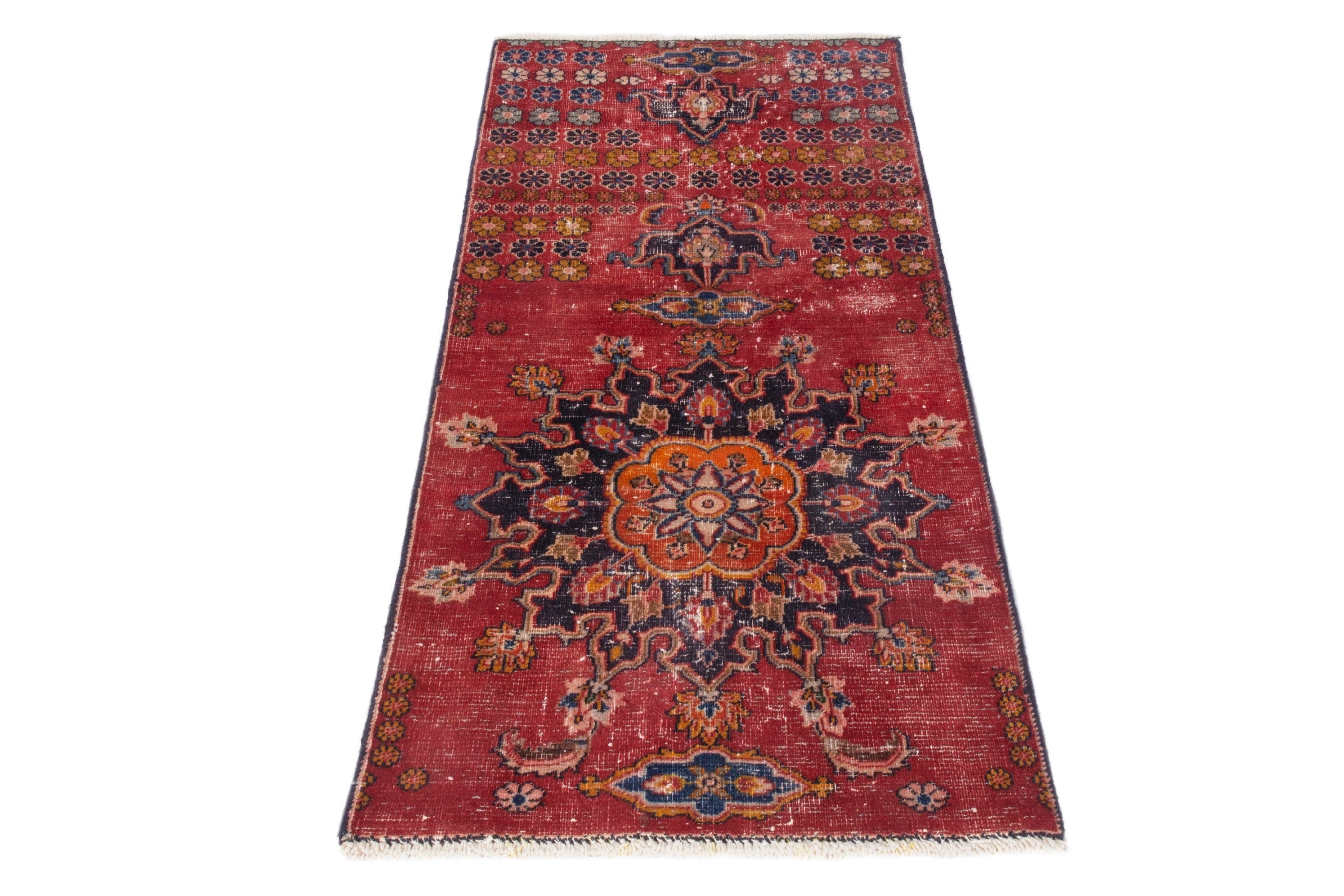Persian Mashhad rug in deep red and dark blue, view 3 of 18