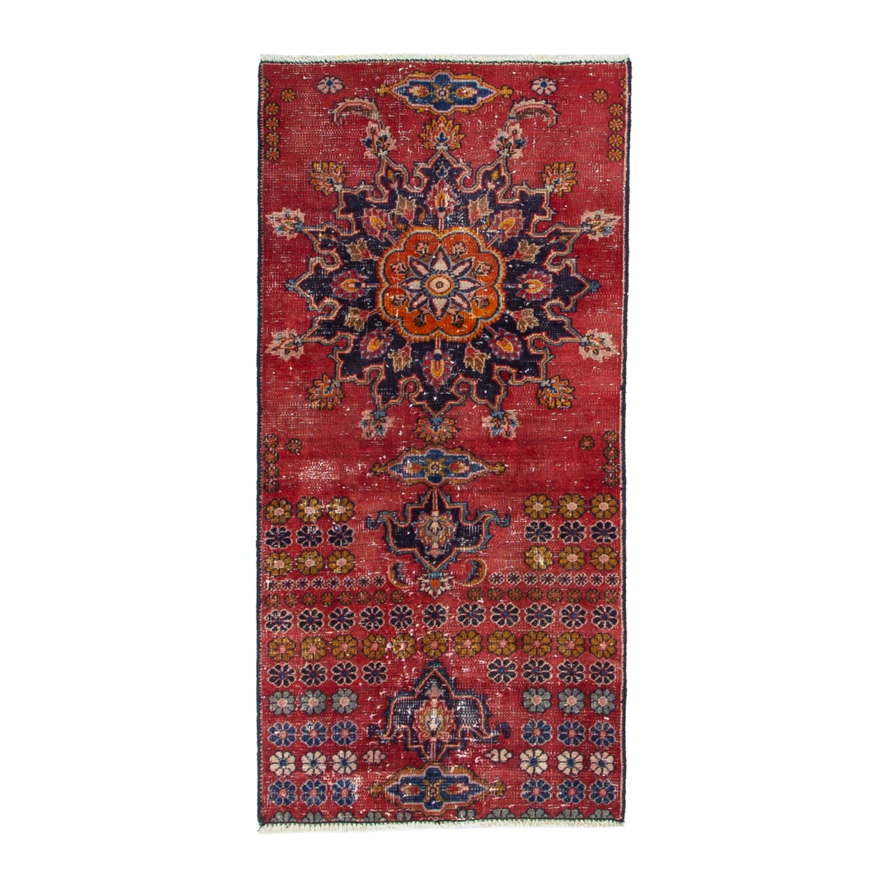 Persian Mashhad rug in deep red and dark blue, 2'2" x 4'9"