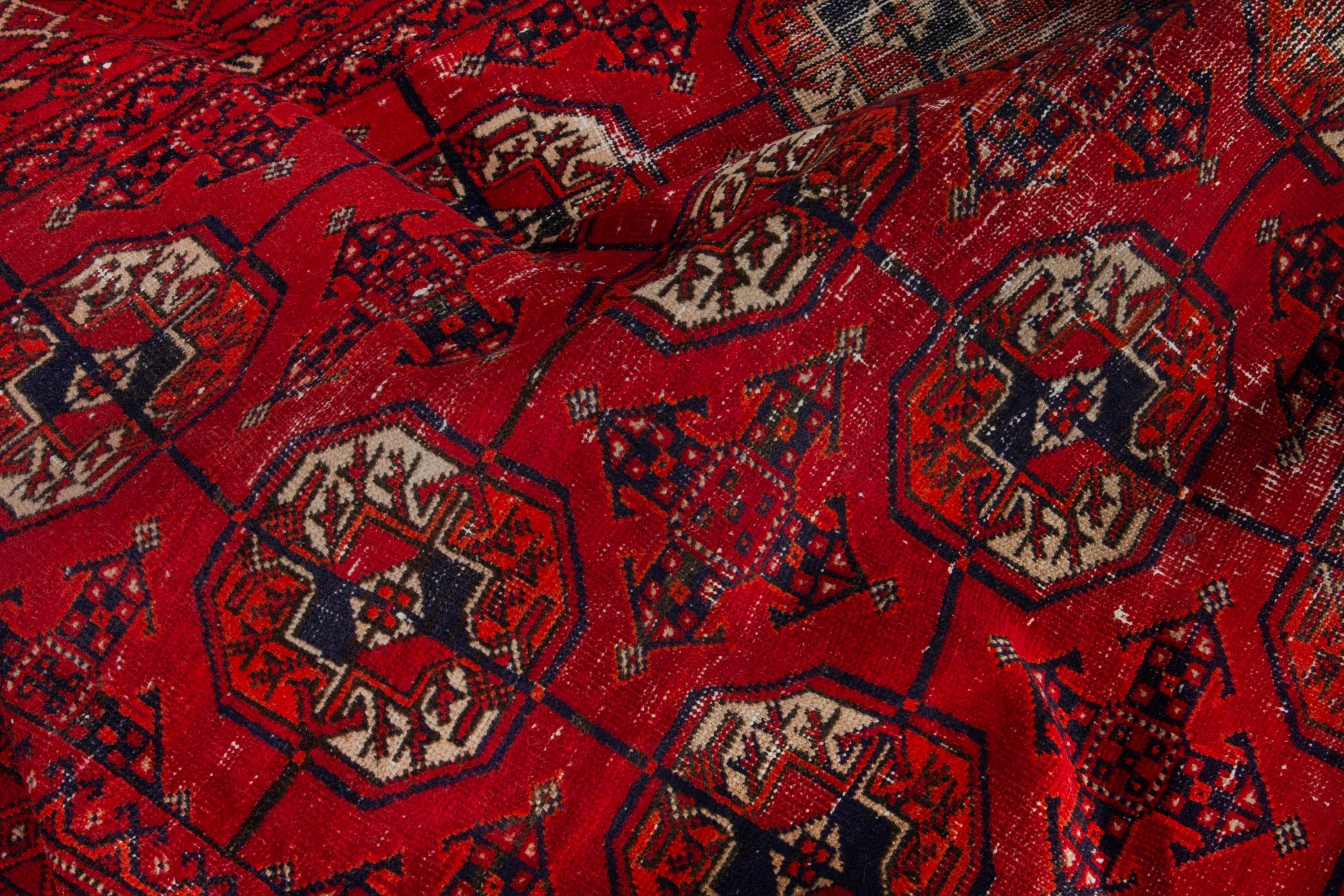 Persian Torkaman area rug in deep red and muted yellow, view 18 of 20