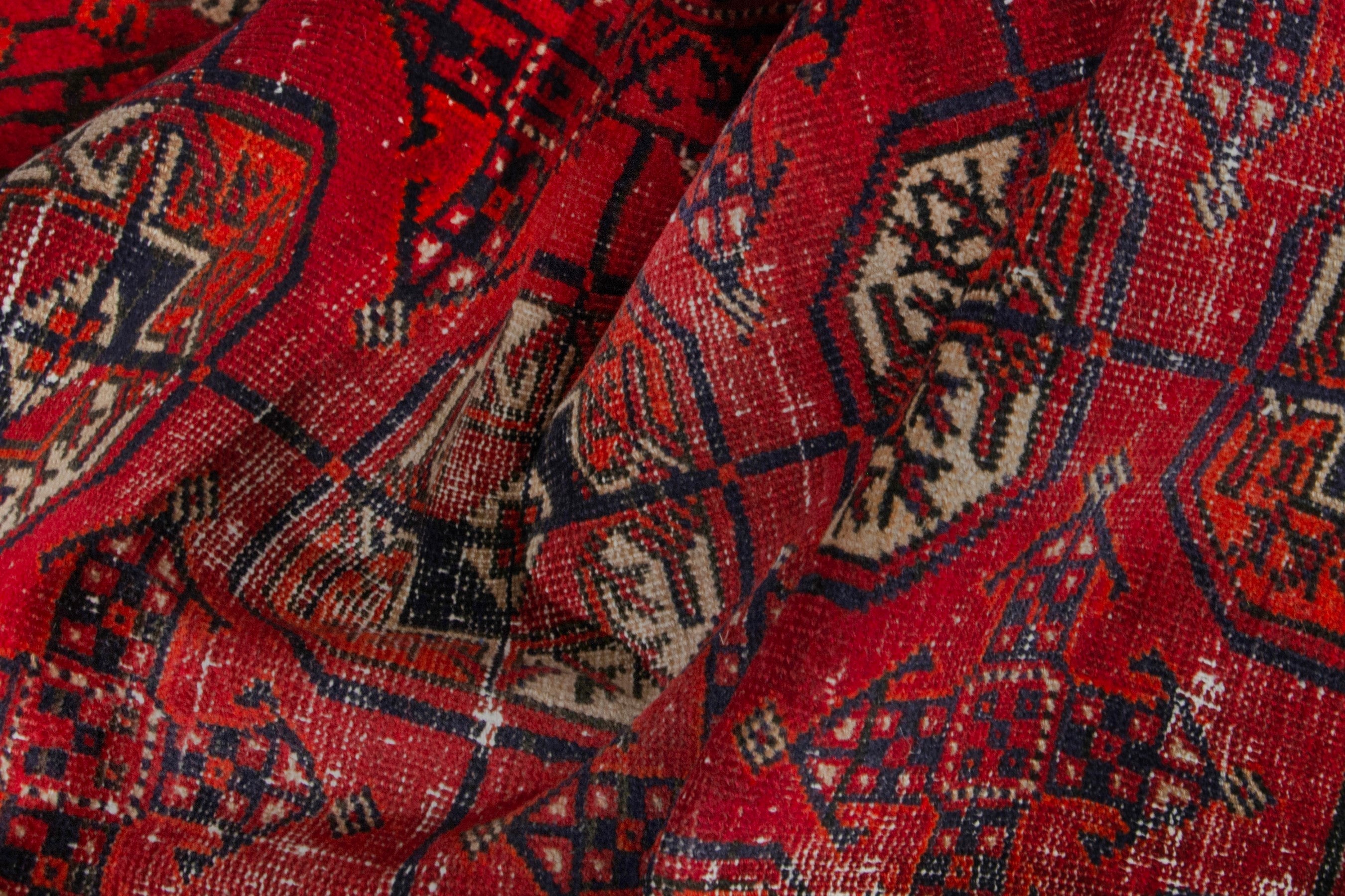 Persian Torkaman area rug in deep red and muted yellow, view 19 of 20