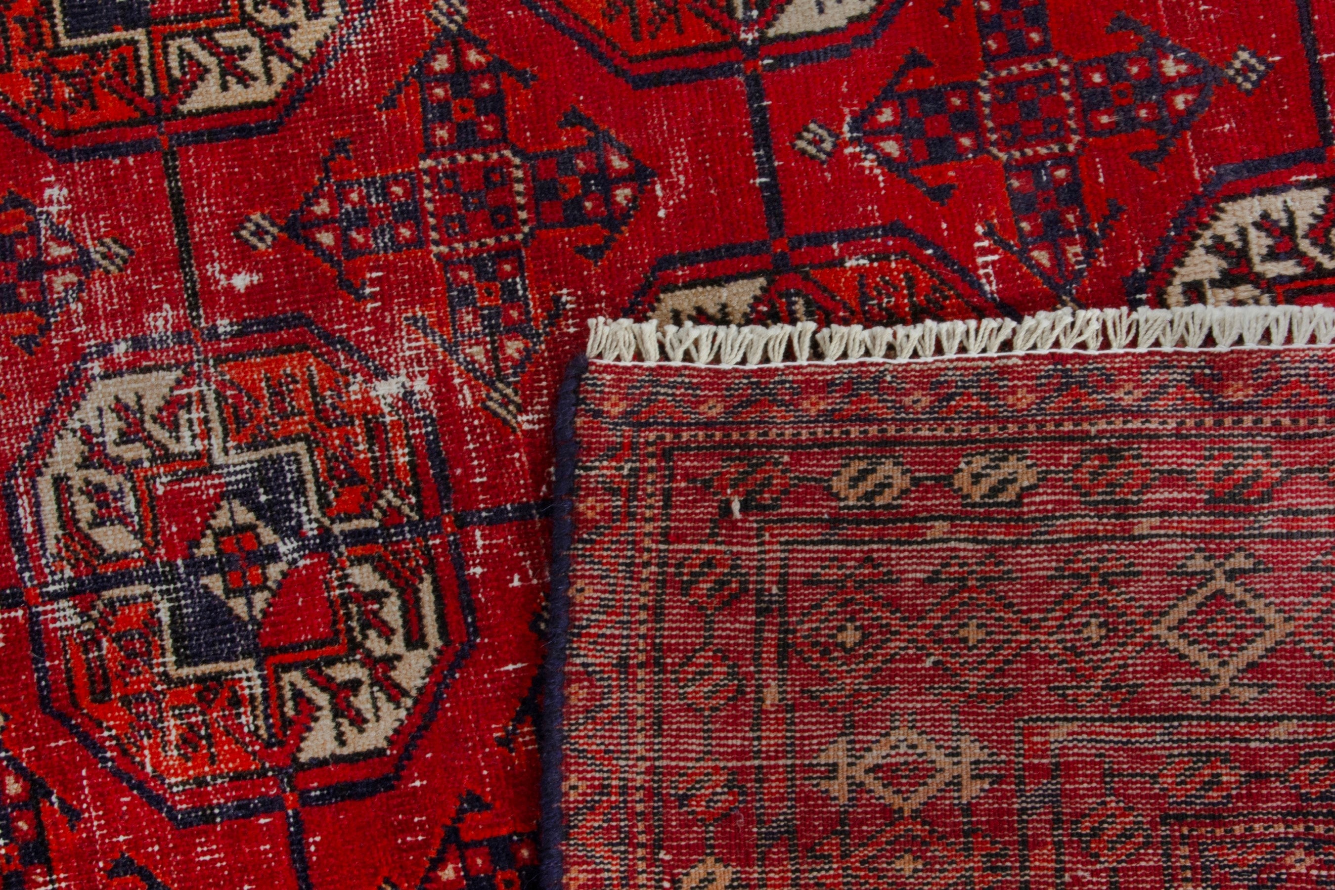 Persian Torkaman area rug in deep red and muted yellow, view 20 of 20