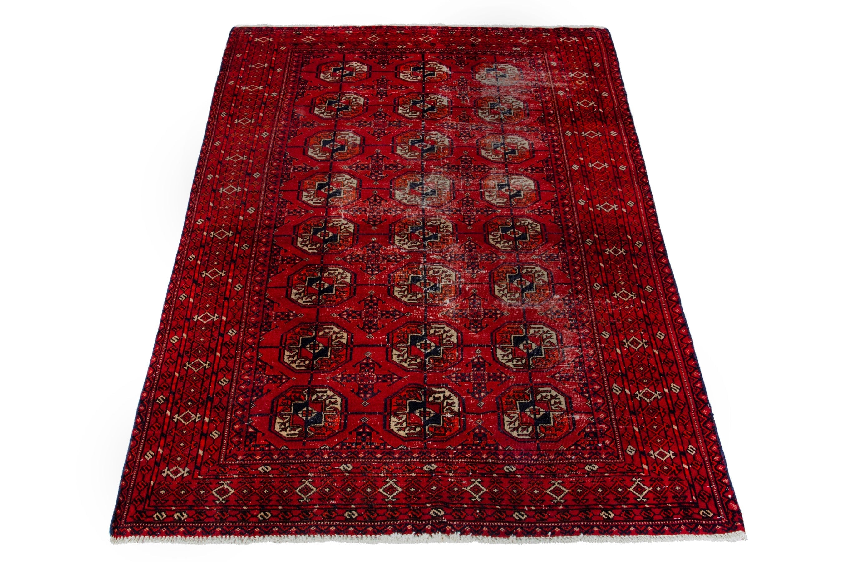 Persian Torkaman area rug in deep red and muted yellow, view 3 of 20