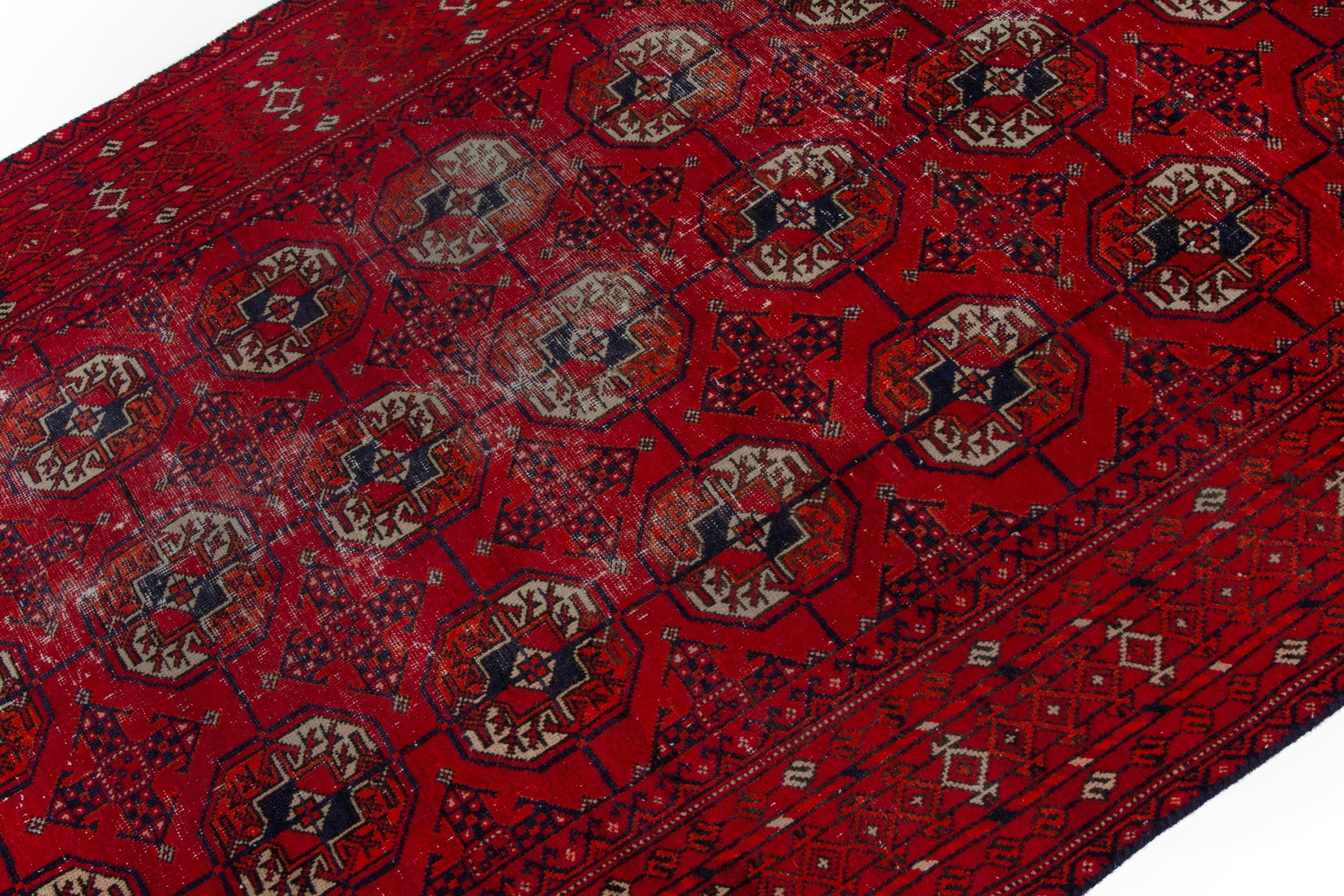 Persian Torkaman area rug in deep red and muted yellow, view 5 of 20