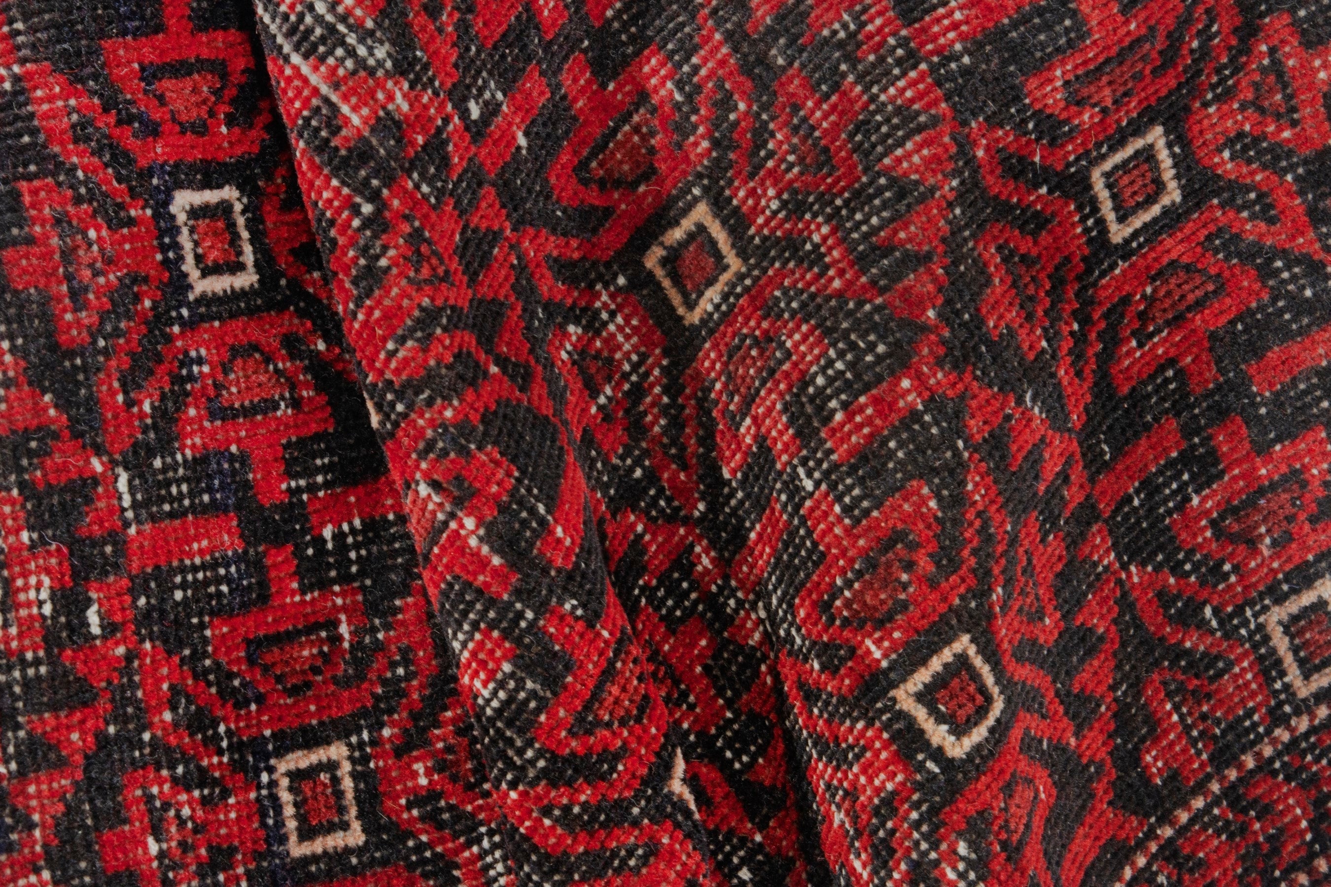 Persian Baluch accent rug in deep red and burgundy, view 13 of 16