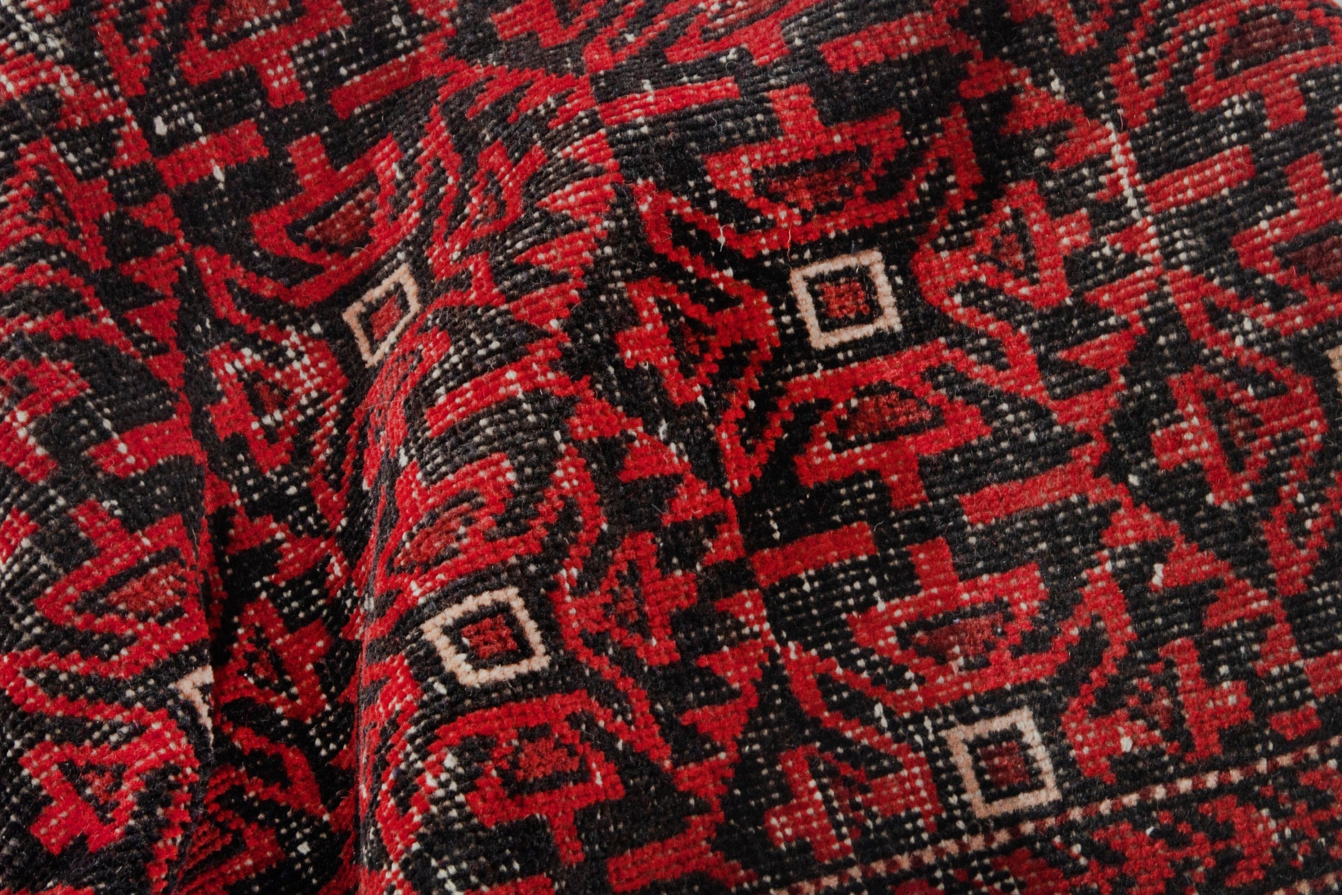 Persian Baluch accent rug in deep red and burgundy, view 15 of 16
